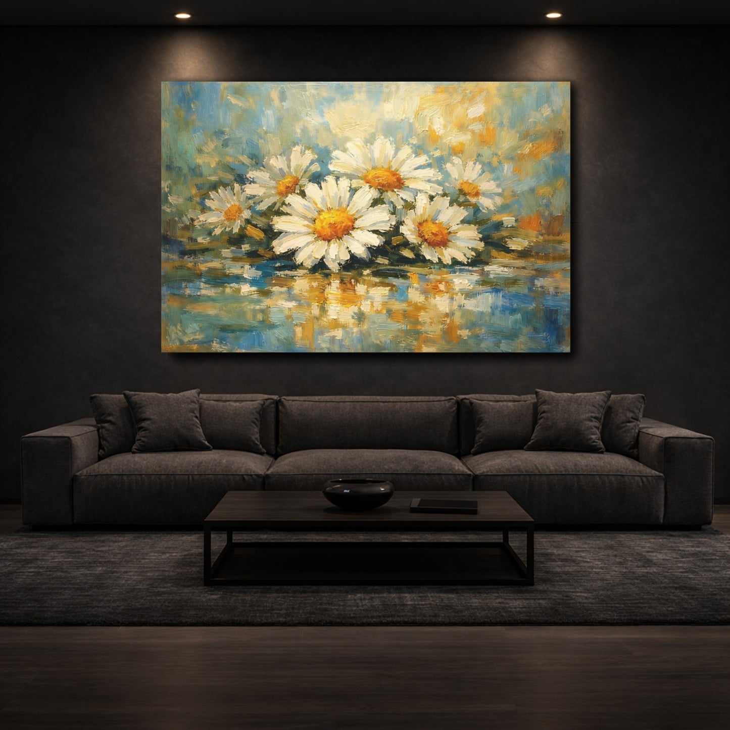 Mockup 2. Floral Daisies Blue And White Floral shown as stretched canvas wall art