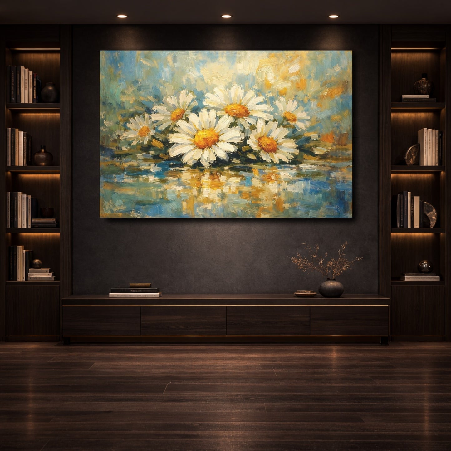 Mockup 3. Floral Daisies Blue And White Floral shown as stretched canvas wall art
