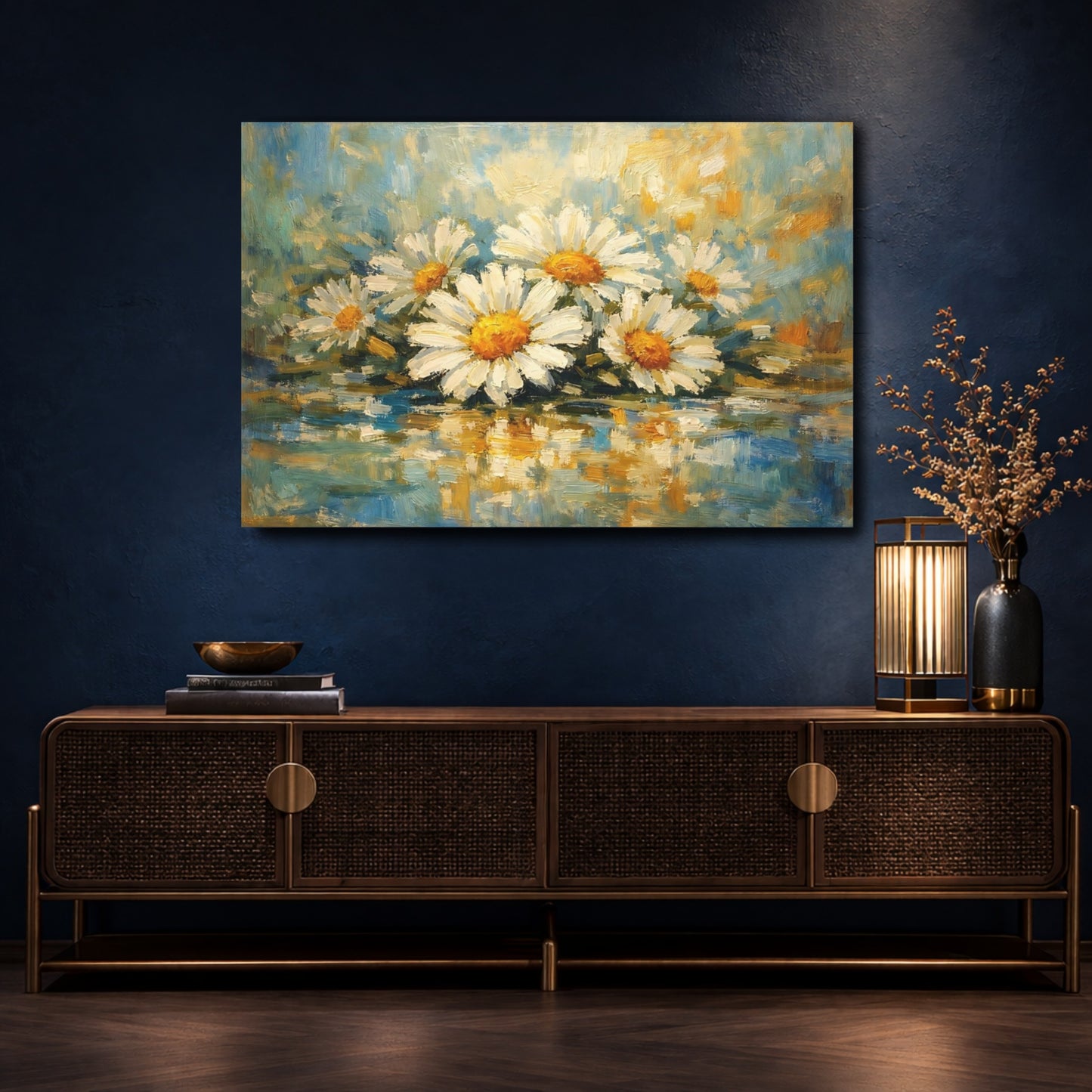 Mockup 4. Floral Daisies Blue And White Floral shown as stretched canvas wall art