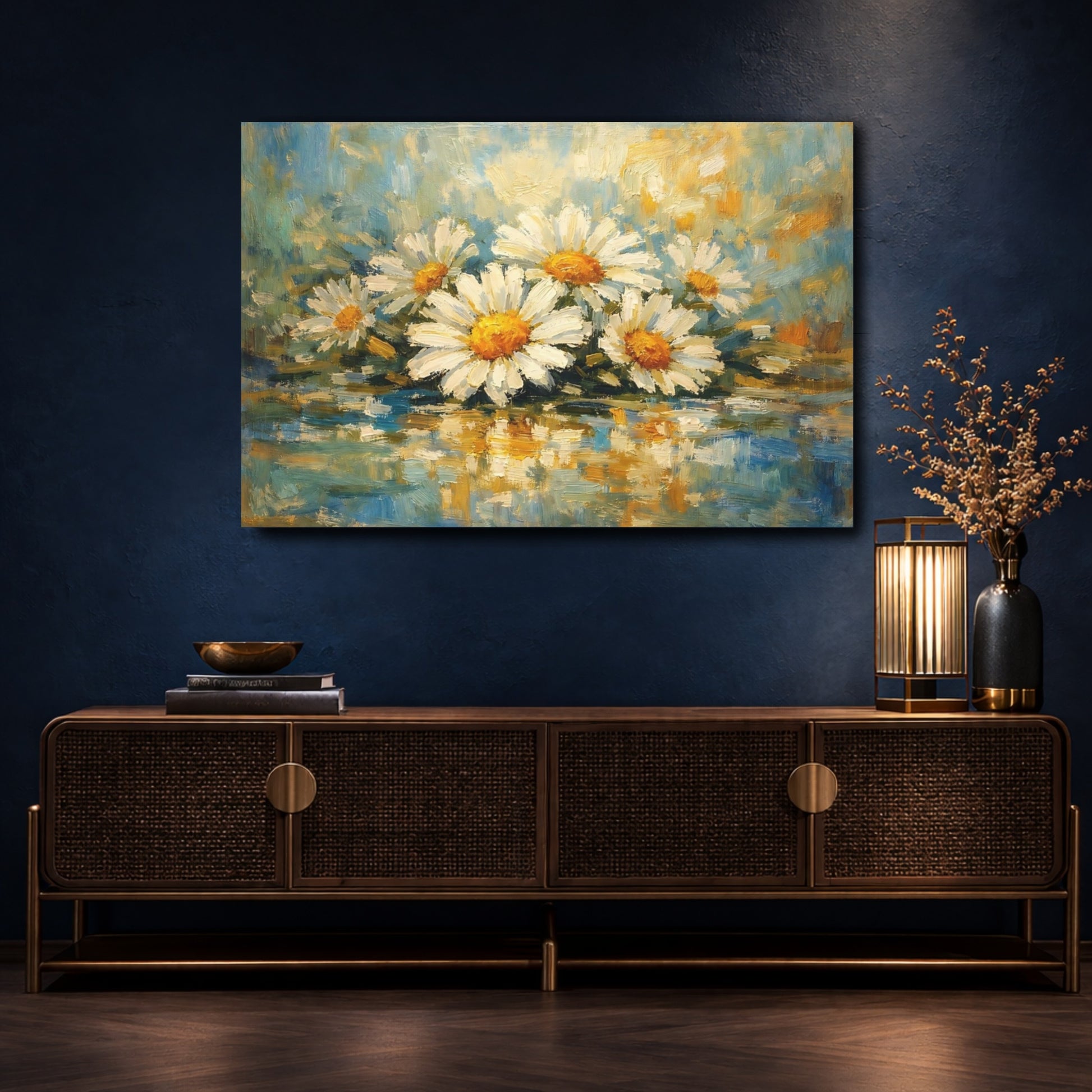 Mockup 4. Floral Daisies Blue And White Floral shown as stretched canvas wall art