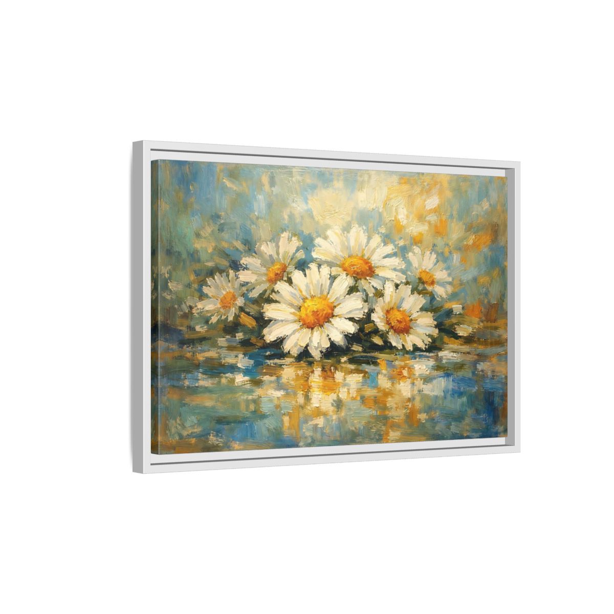 Side Mockup 1. Floral Daisies Daisies Blue Gold shown as stretched canvas wall art