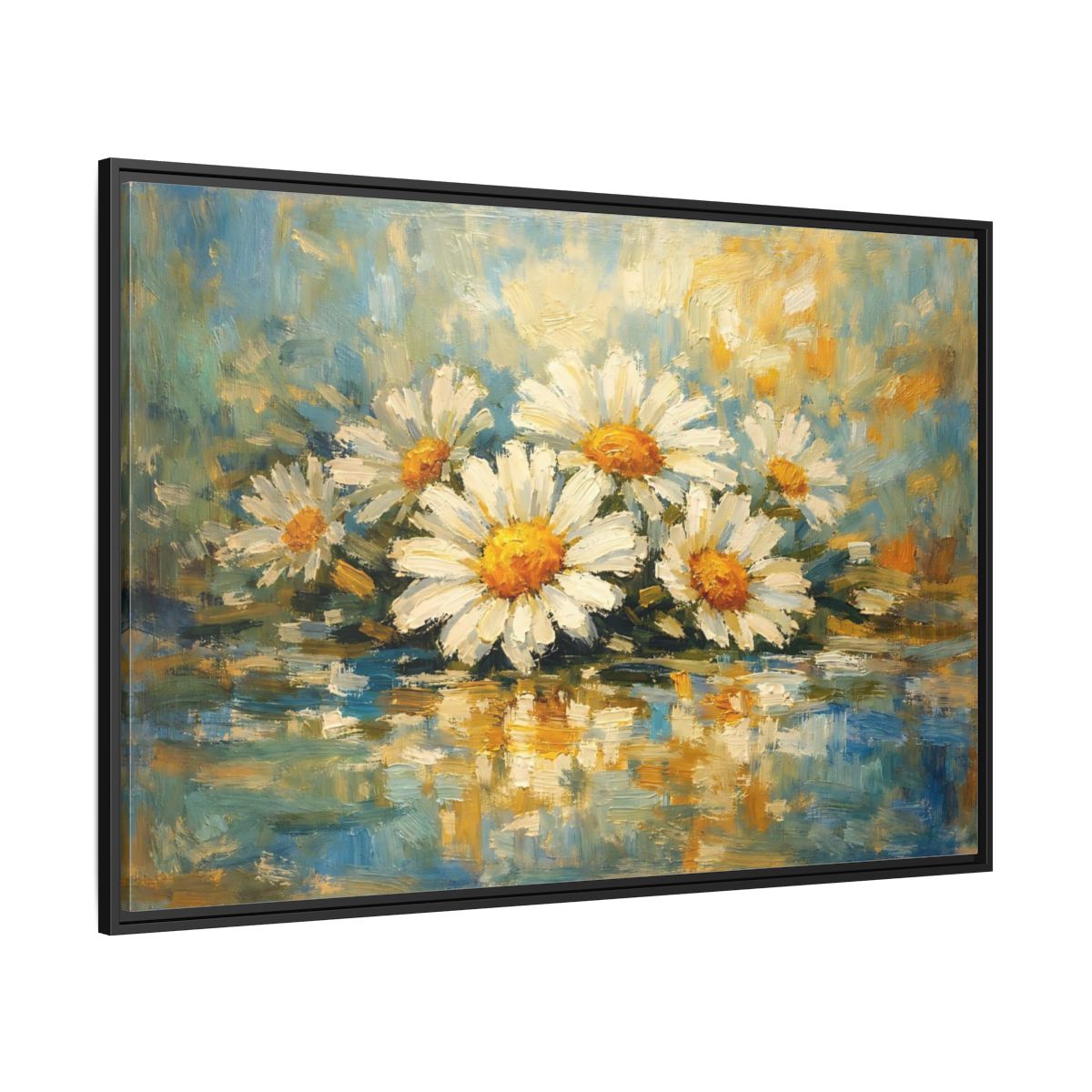 Side Mockup 12. Floral Daisies Daisies Blue Gold shown as stretched canvas wall art