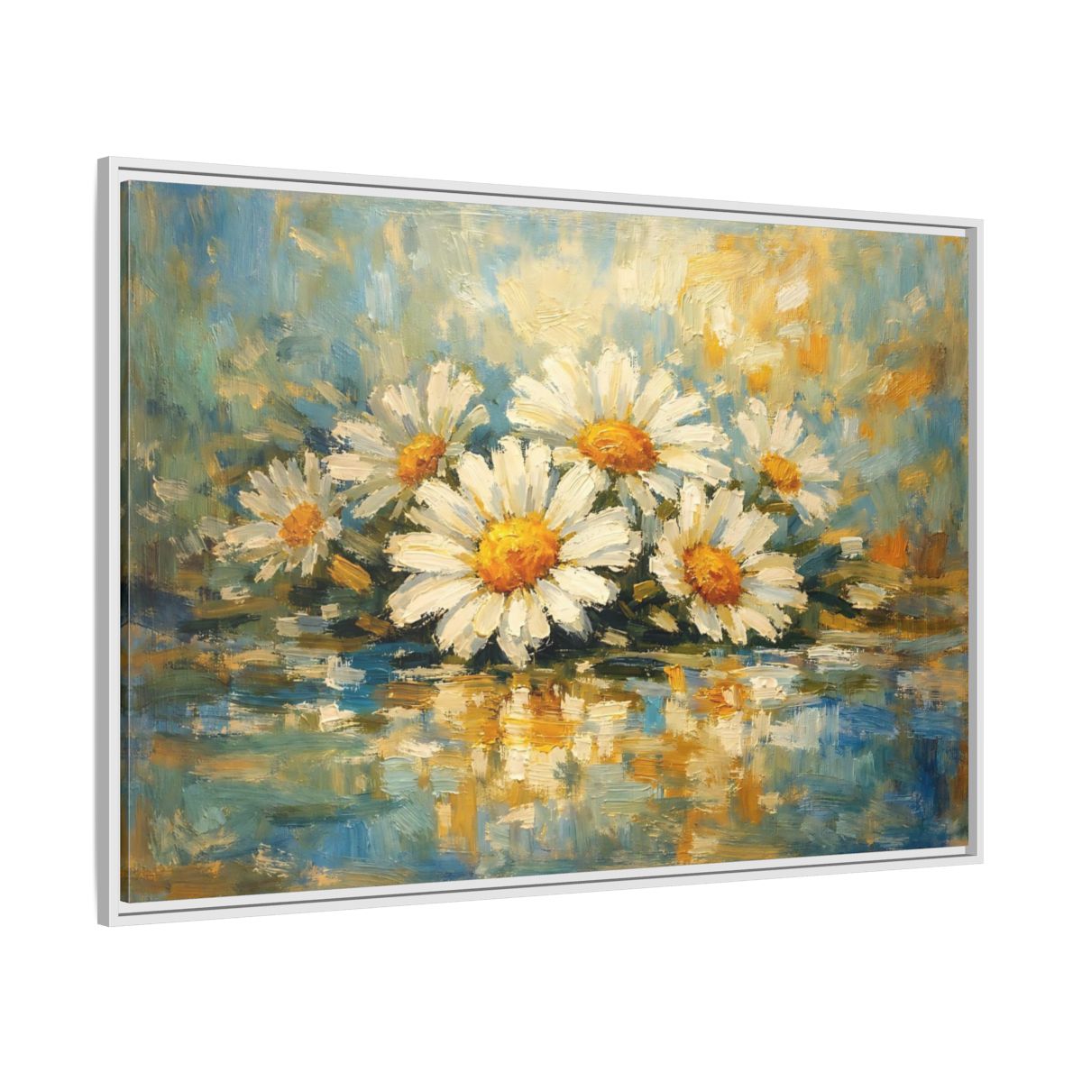 Side Mockup 7. Floral Daisies Daisies Blue Gold shown as stretched canvas wall art