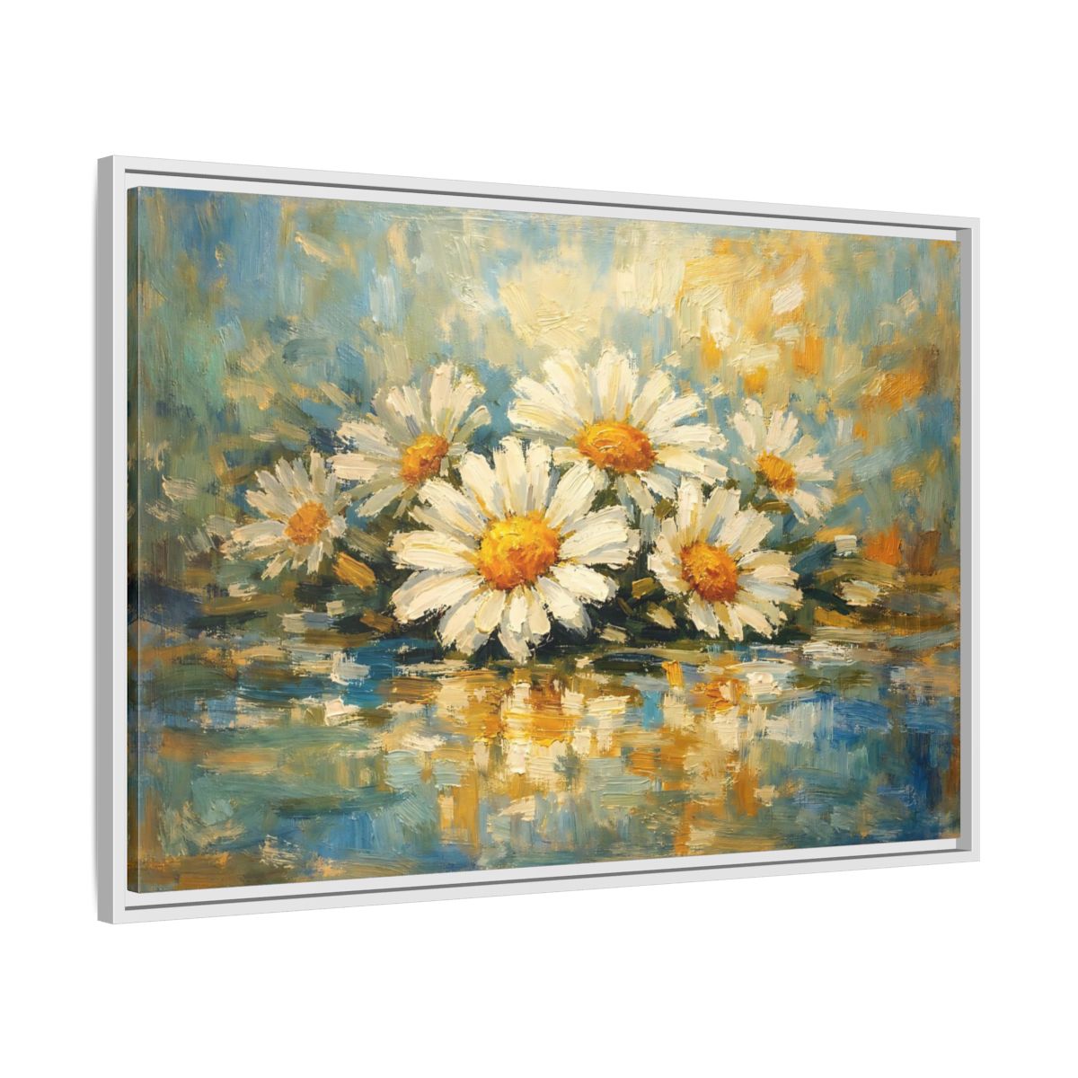 Side Mockup 8. Floral Daisies Daisies Blue Gold shown as stretched canvas wall art