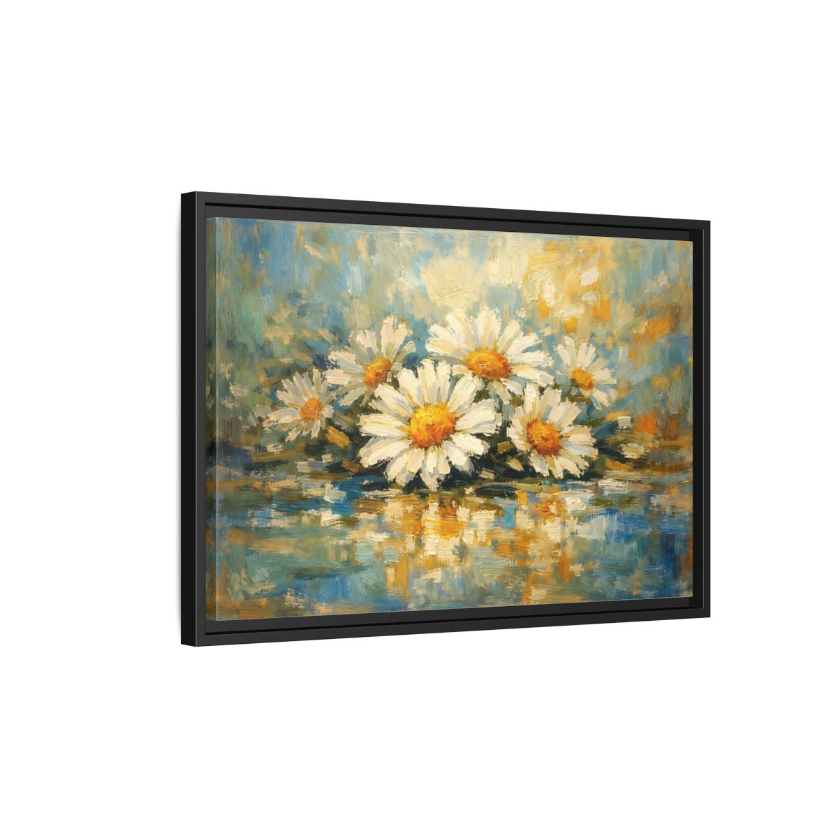 Side Mockup 3. Floral Daisies Daisies Blue Gold shown as stretched canvas wall art
