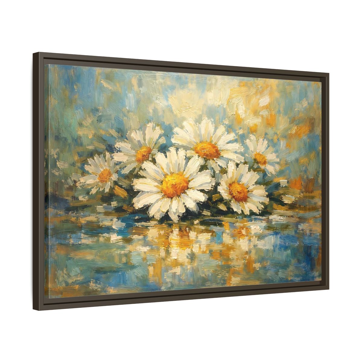 Side Mockup 11. Floral Daisies Daisies Blue Gold shown as stretched canvas wall art