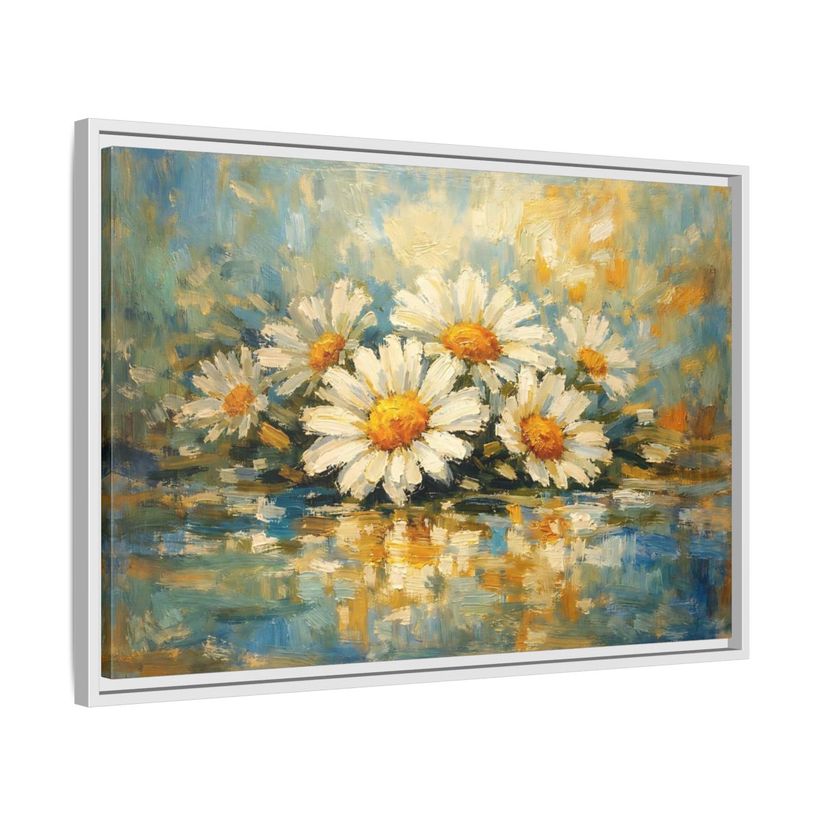Side Mockup 10. Floral Daisies Daisies Blue Gold shown as stretched canvas wall art