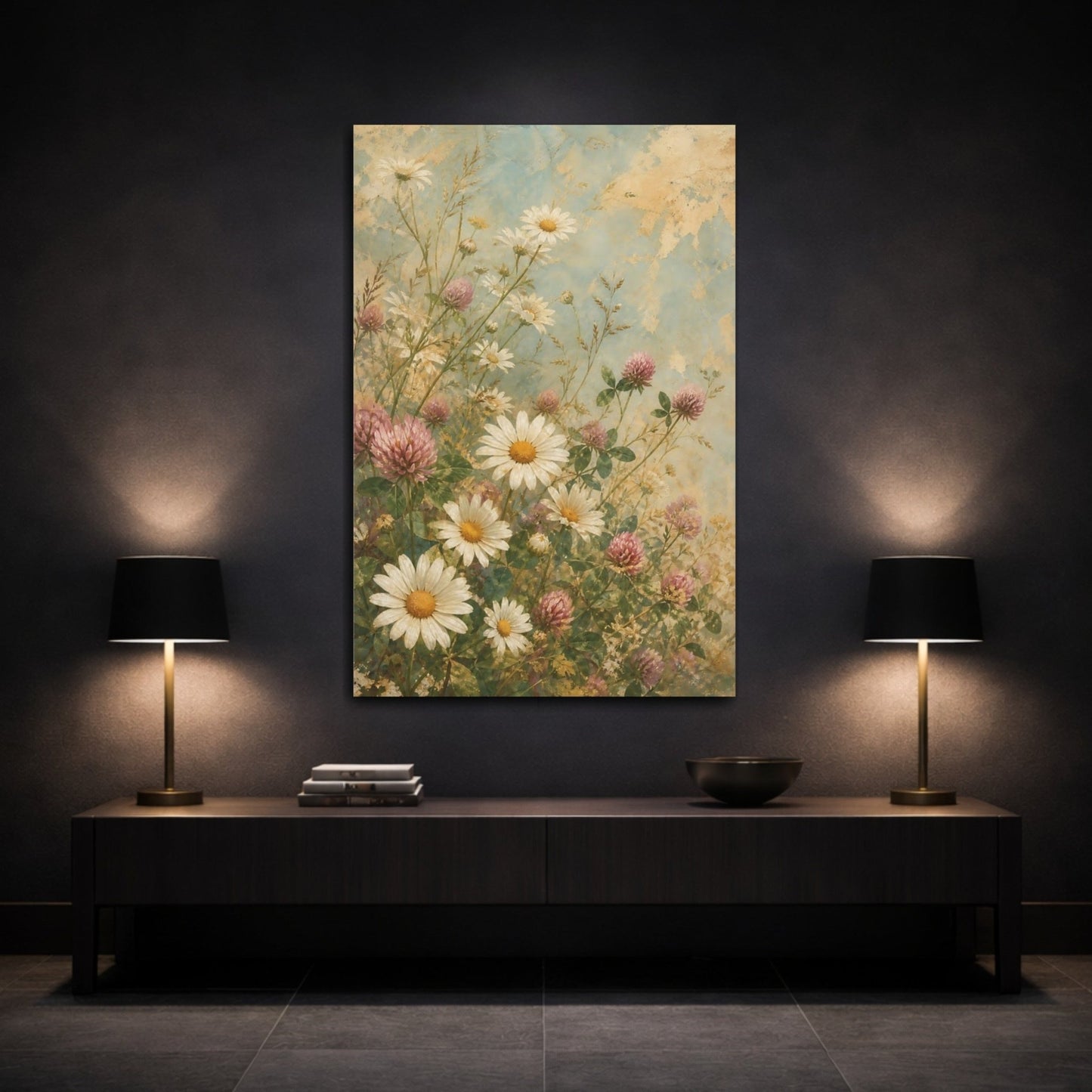Floral Daisies Clover Teal Canvas Print – Living Room, Above Couch, Multicolor - YesArtYes
