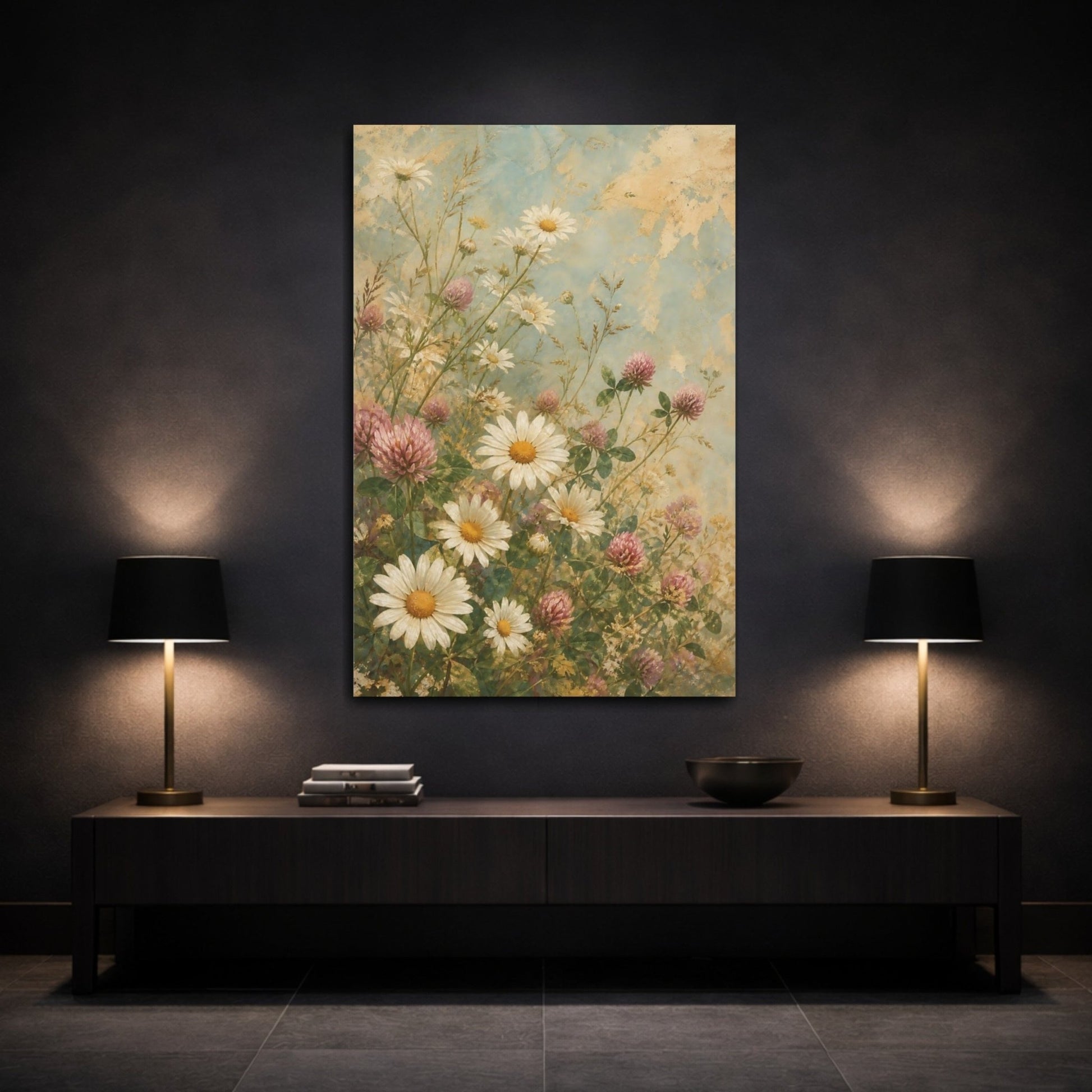 Floral Daisies Clover Teal Canvas Print – Living Room, Above Couch, Multicolor - YesArtYes