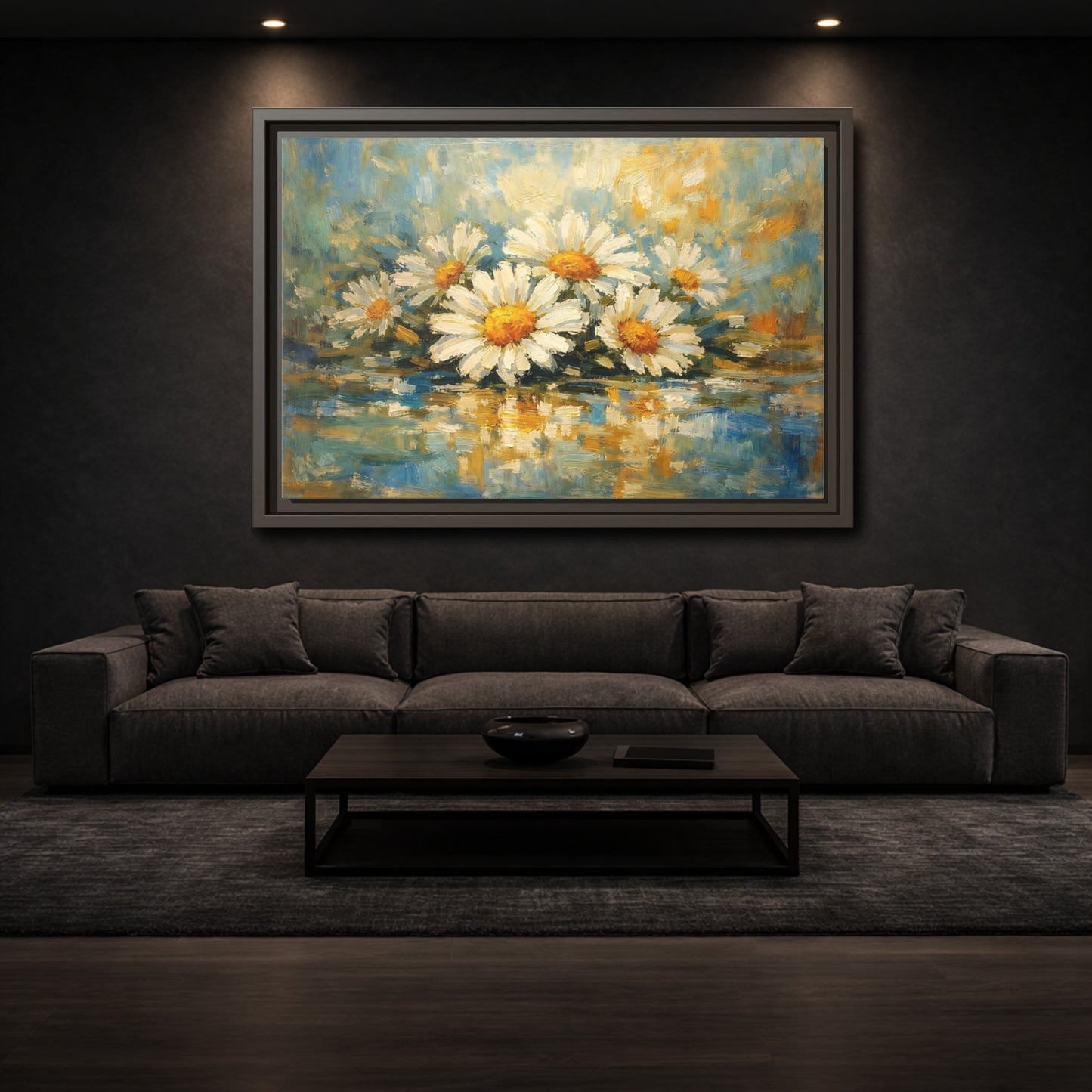 Mockup 2. Floral Daisies Daisies Blue Gold shown as stretched canvas wall art