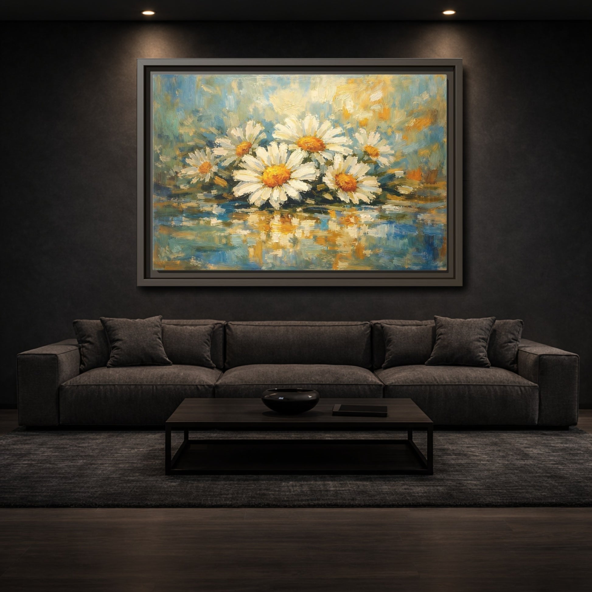 Mockup 2. Floral Daisies Daisies Blue Gold shown as stretched canvas wall art
