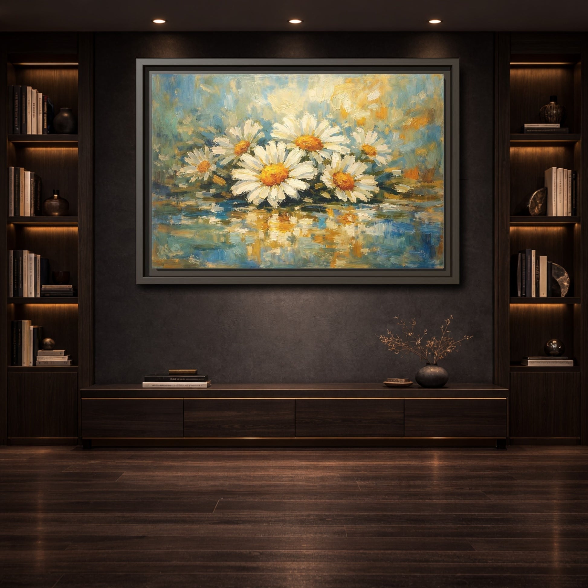 Mockup 3. Floral Daisies Daisies Blue Gold shown as stretched canvas wall art