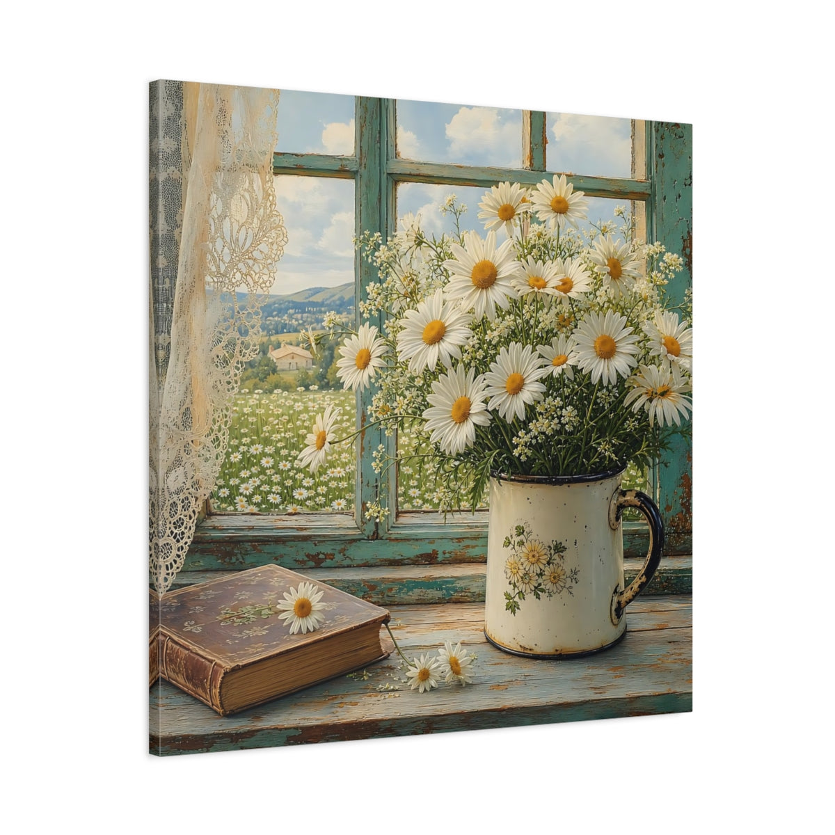 Main Mockup. Floral Daisies Daisies Window shown as stretched canvas wall art