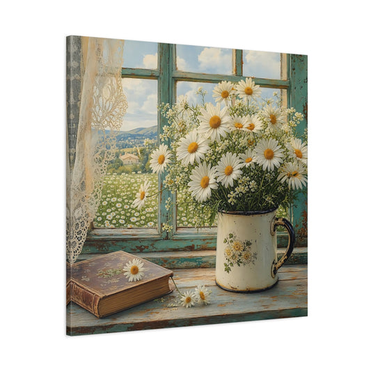 Main Mockup. Floral Daisies Daisies Window shown as stretched canvas wall art