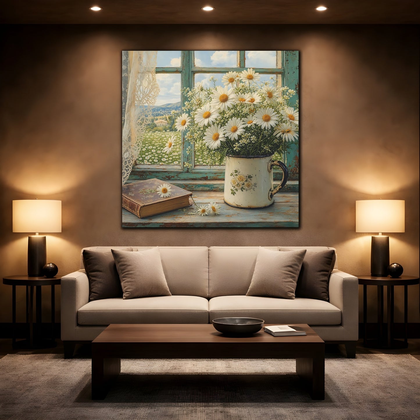 Mockup 2. Floral Daisies Daisies Window shown as stretched canvas wall art