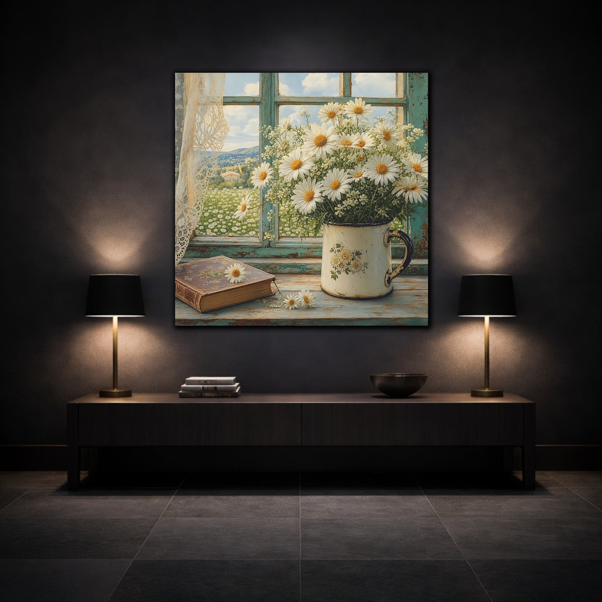 Mockup 3. Floral Daisies Daisies Window shown as stretched canvas wall art