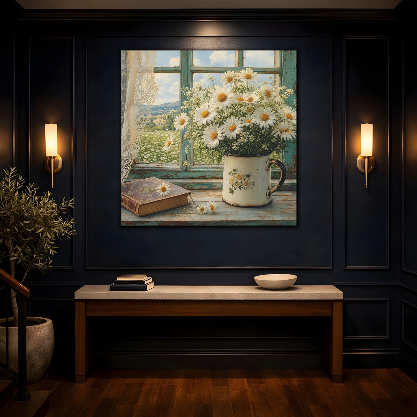 Mockup 4. Floral Daisies Daisies Window shown as stretched canvas wall art