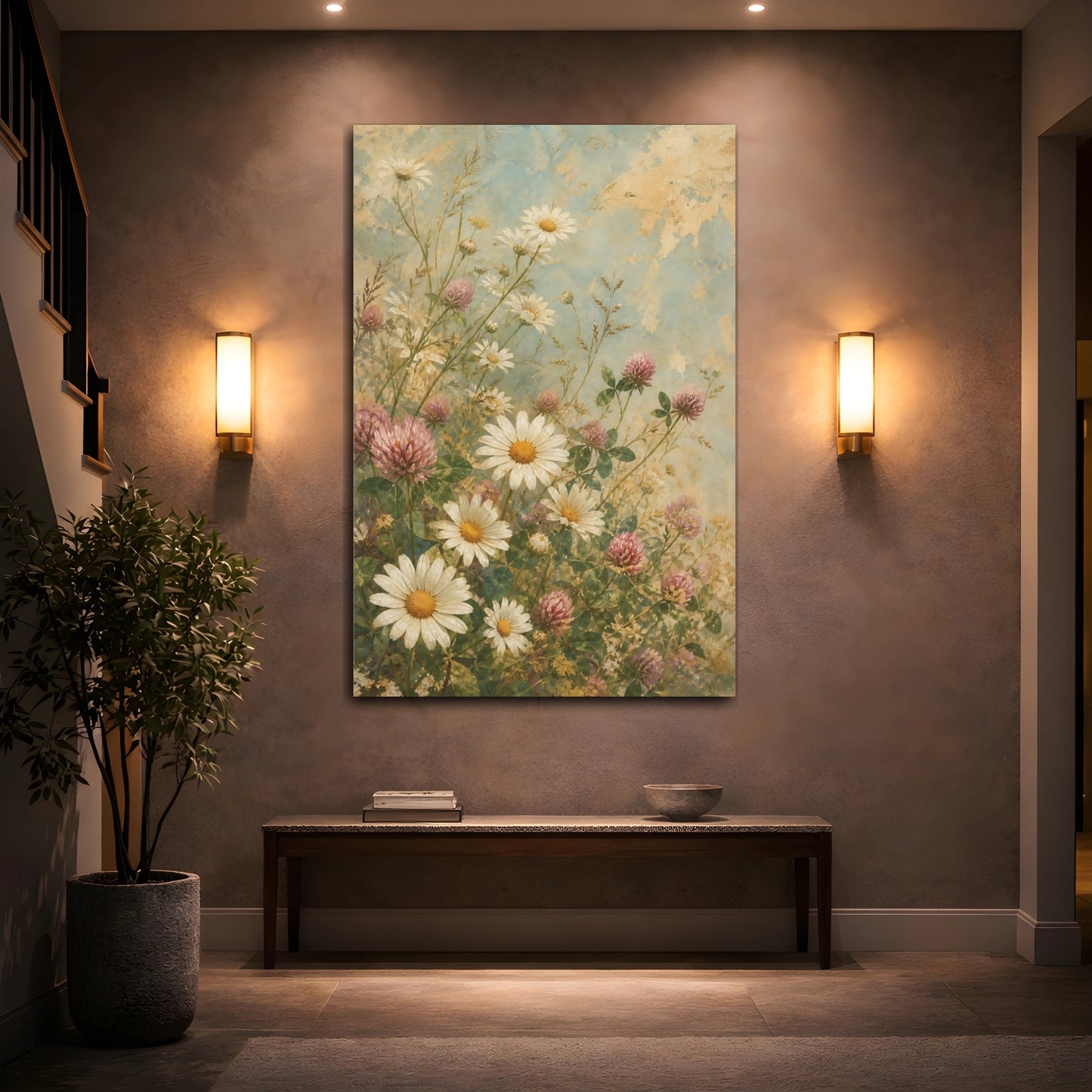 Mockup 2. Floral Daisies Daisy Clover Teal shown as canvas print