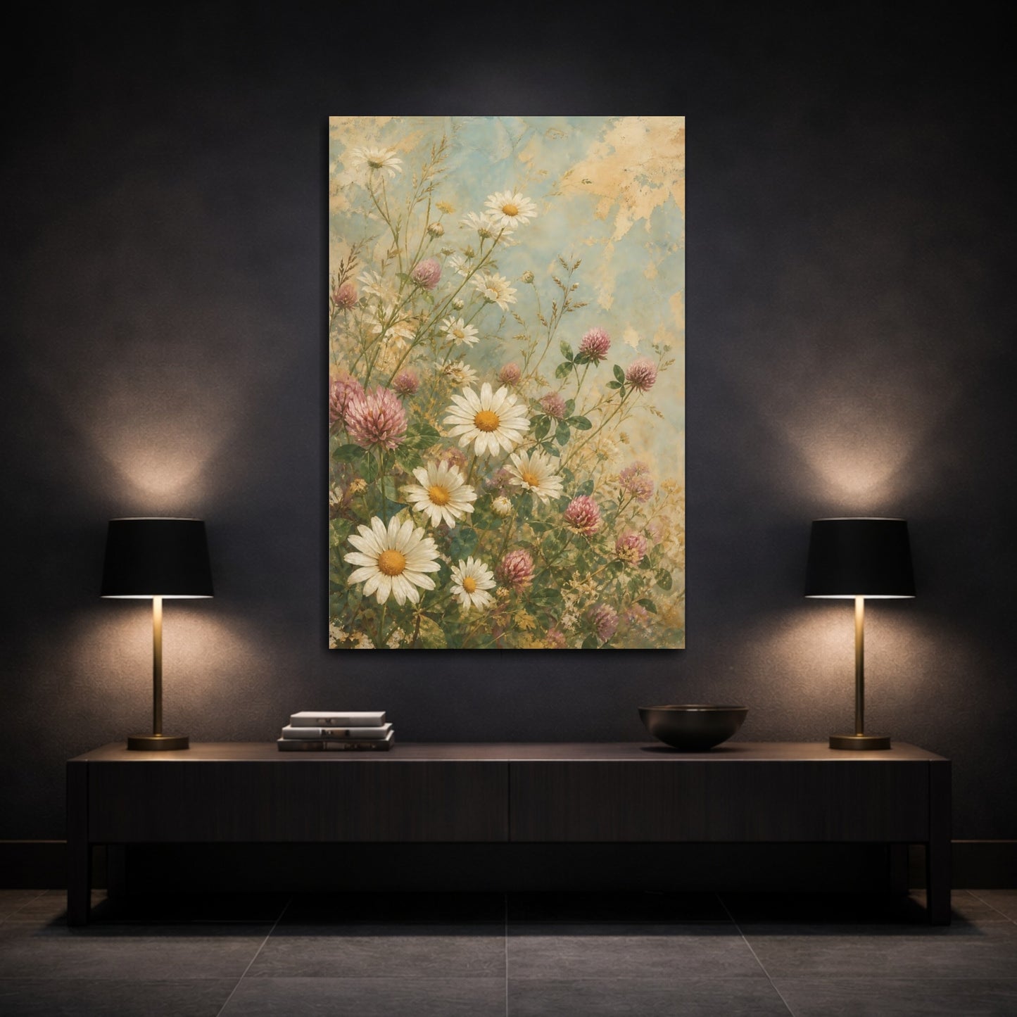 Mockup 3. Floral Daisies Daisy Clover Teal shown as canvas print