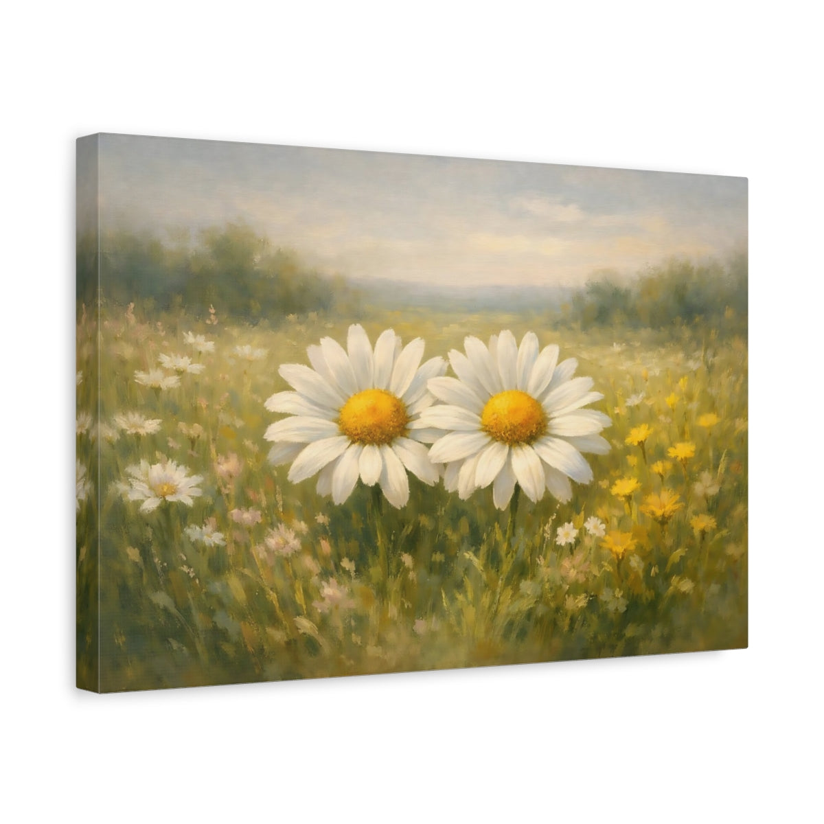 Side Mockup 4. Floral Daisies Green Yellow Daisies shown as stretched canvas wall art