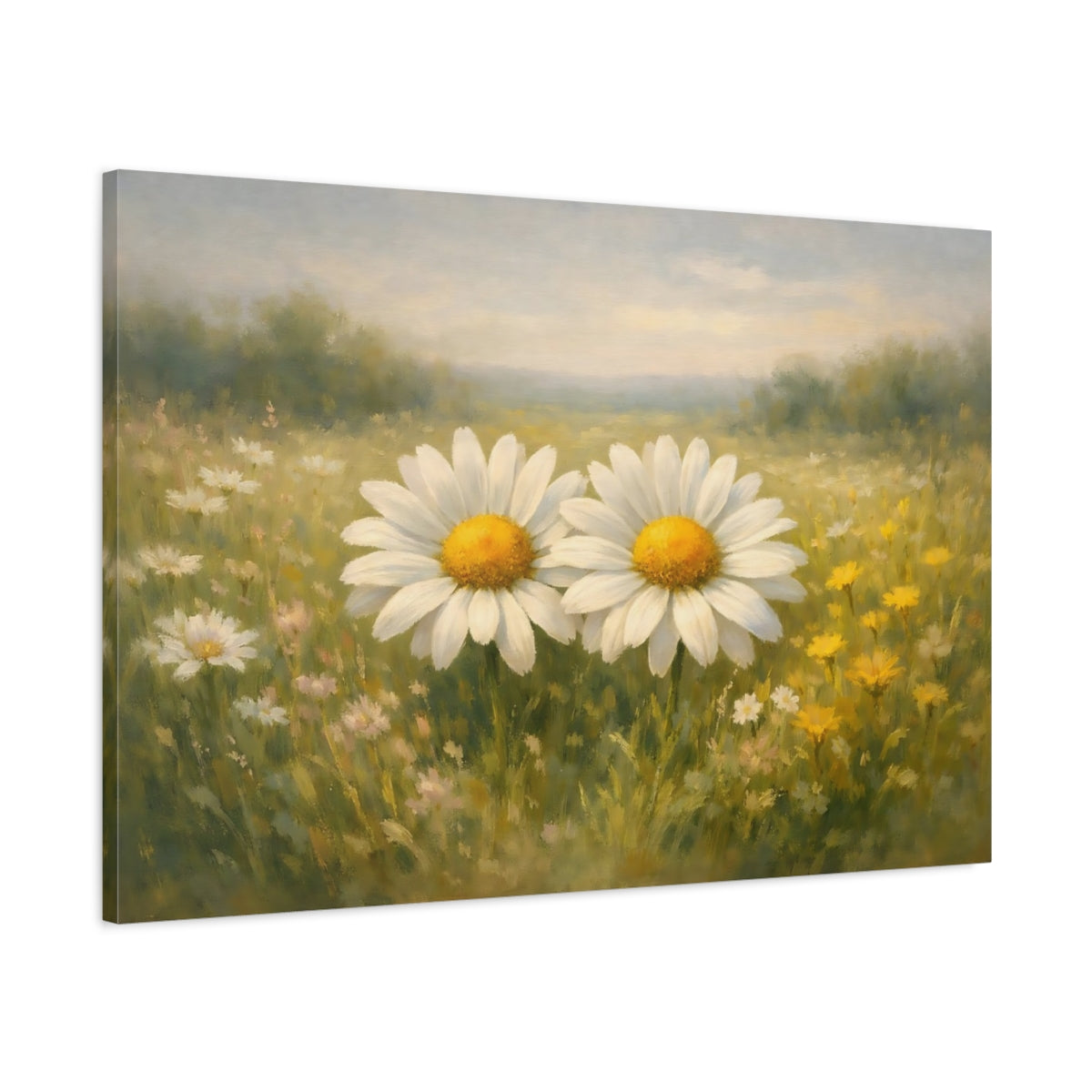 Side Mockup 1. Floral Daisies Green Yellow Daisies shown as stretched canvas wall art