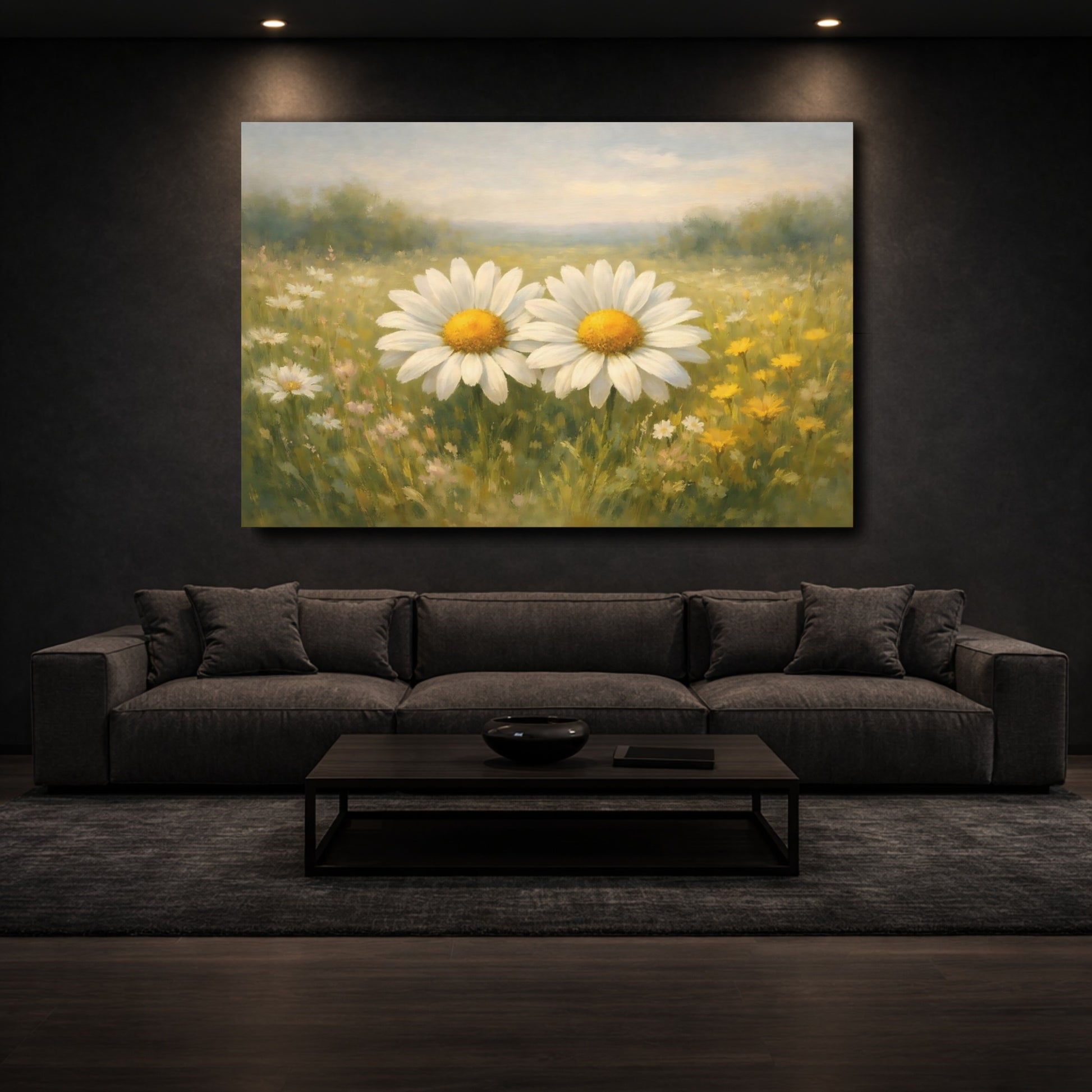 Mockup 2. Floral Daisies Green Yellow Daisies shown as stretched canvas wall art