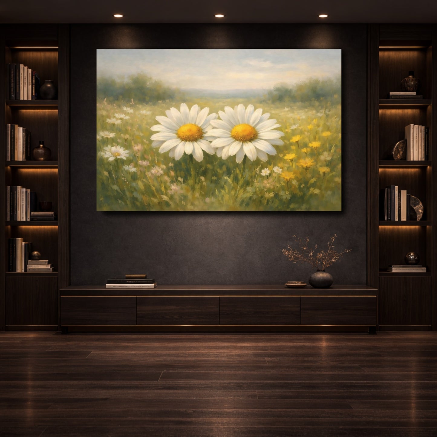 Mockup 3. Floral Daisies Green Yellow Daisies shown as stretched canvas wall art