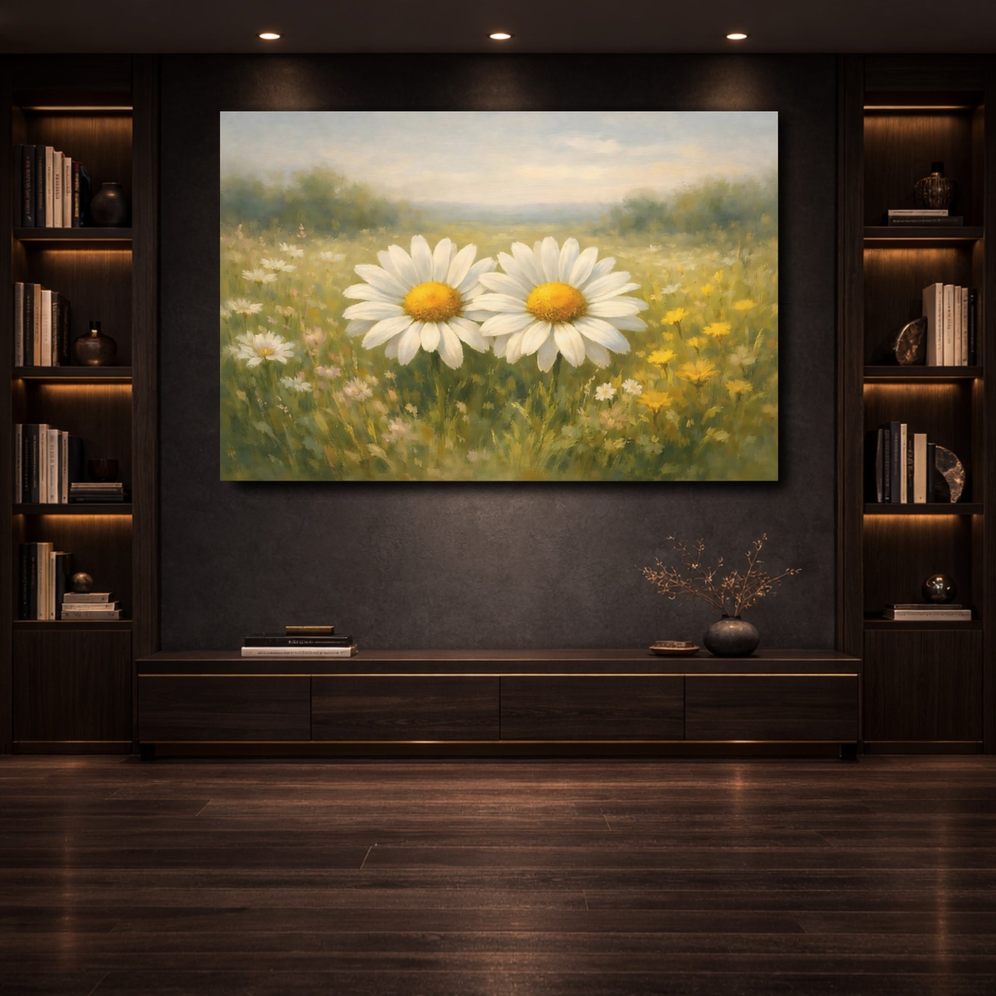 Mockup 3. Floral Daisies Green Yellow Daisies shown as stretched canvas wall art
