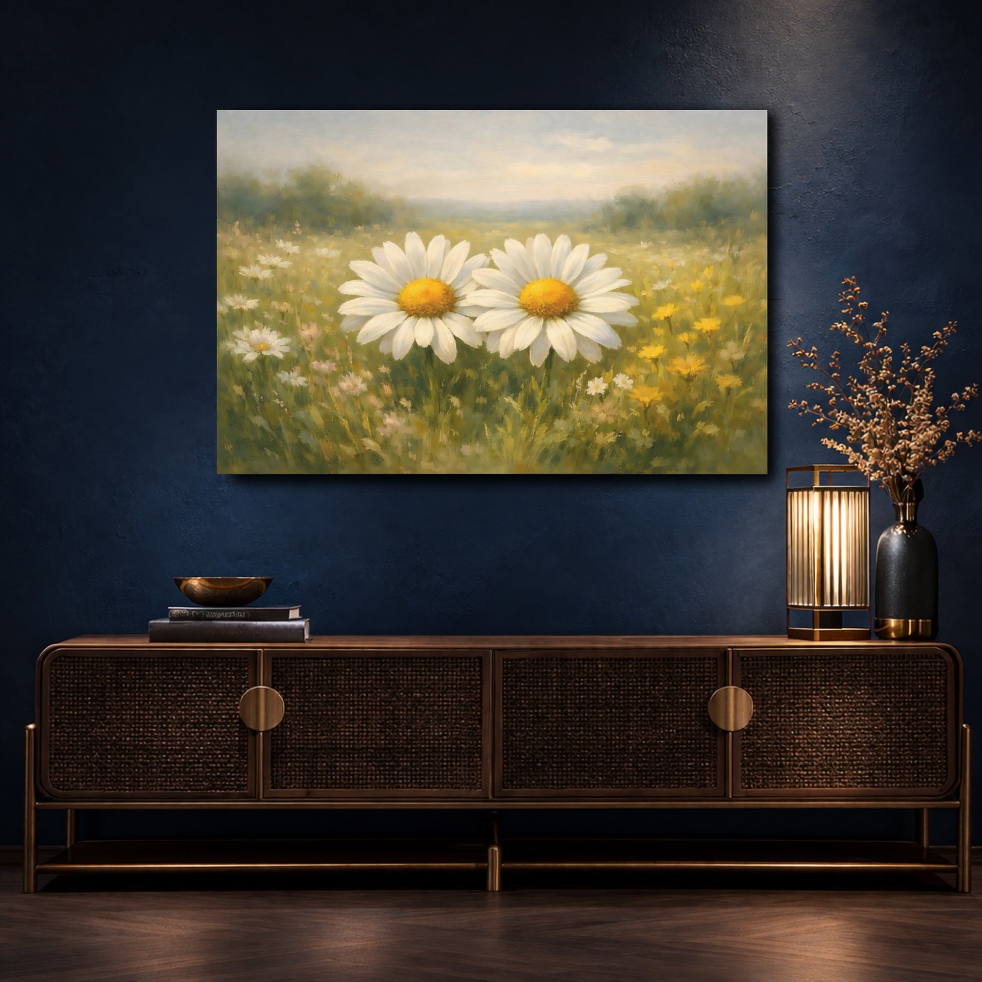 Mockup 4. Floral Daisies Green Yellow Daisies shown as stretched canvas wall art