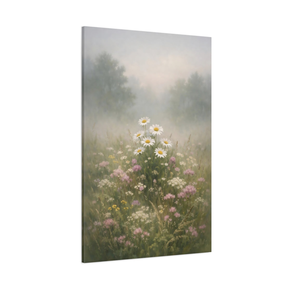 Main Mockup. Floral Daisies Misty Daisy Field shown as stretched canvas wall art