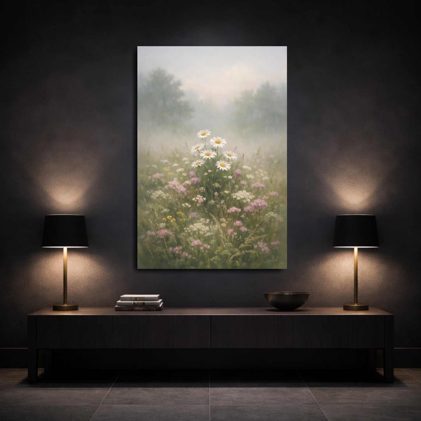 Mockup 2. Floral Daisies Misty Daisy Field shown as stretched canvas wall art