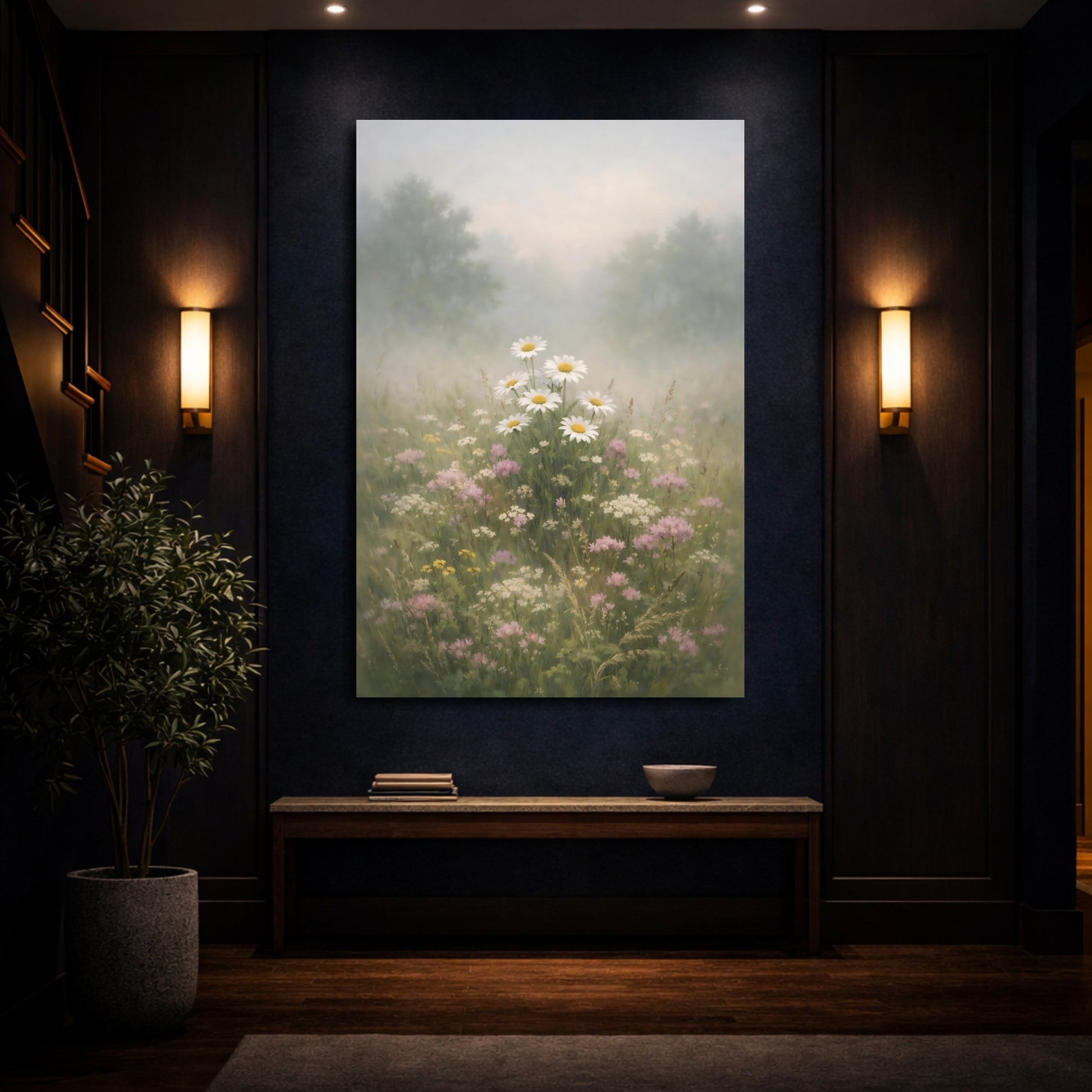 Mockup 3. Floral Daisies Misty Daisy Field shown as stretched canvas wall art