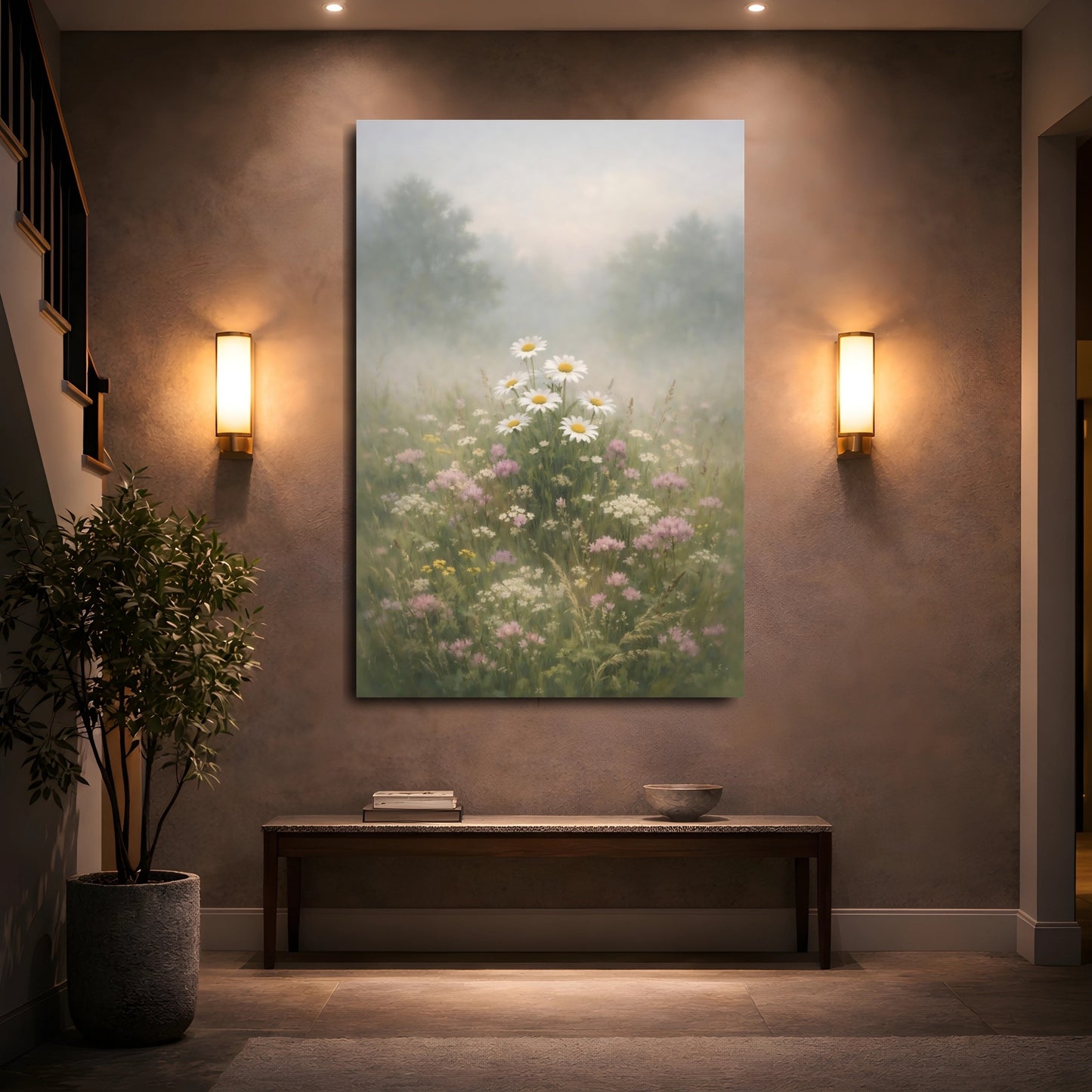 Mockup 4. Floral Daisies Misty Daisy Field shown as stretched canvas wall art