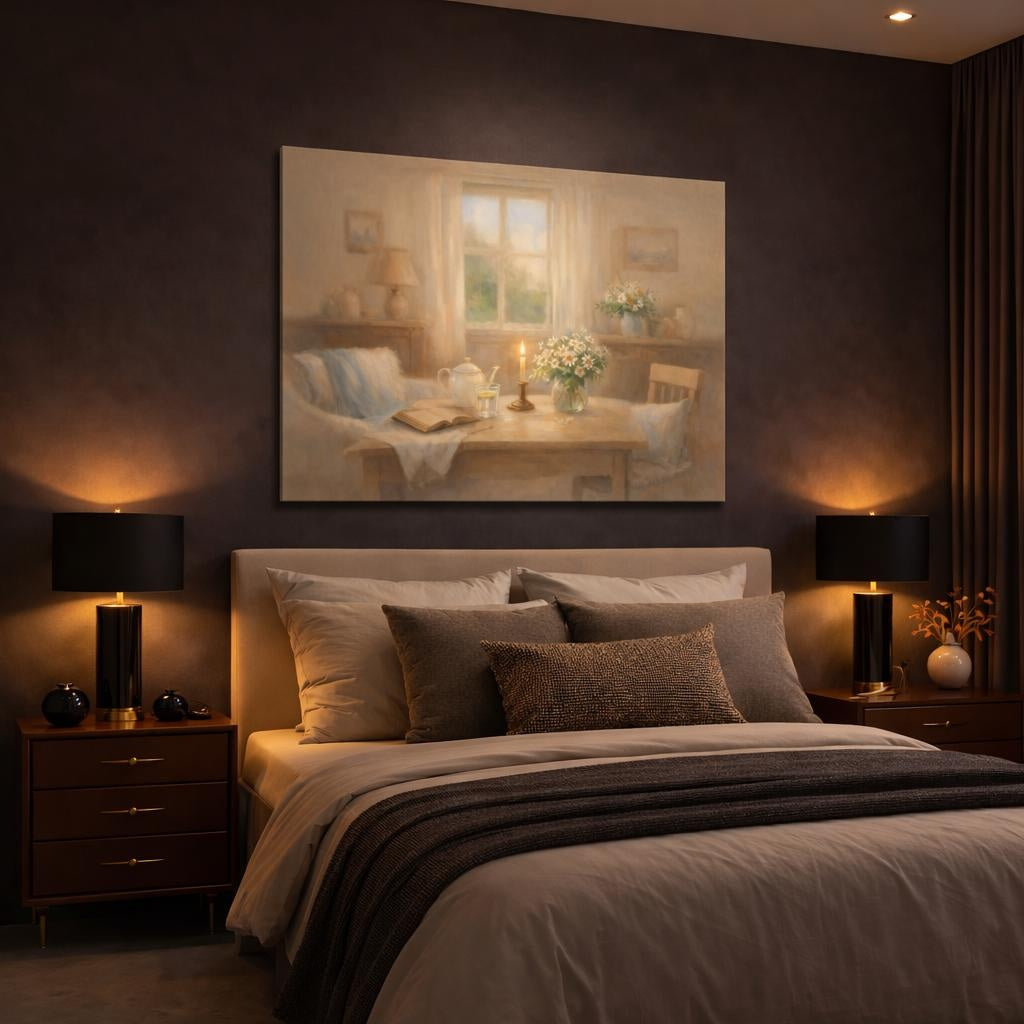 Floral Daisies Warm Beige Floral shown as canvas wall art in a luxury bedroom