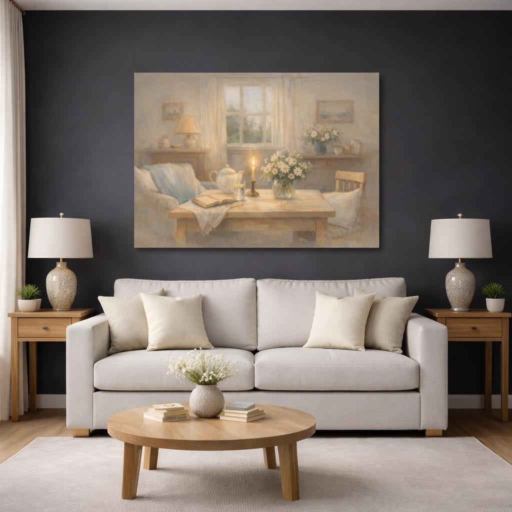 Floral Daisies Warm Beige Floral shown as canvas wall art in a modern living room