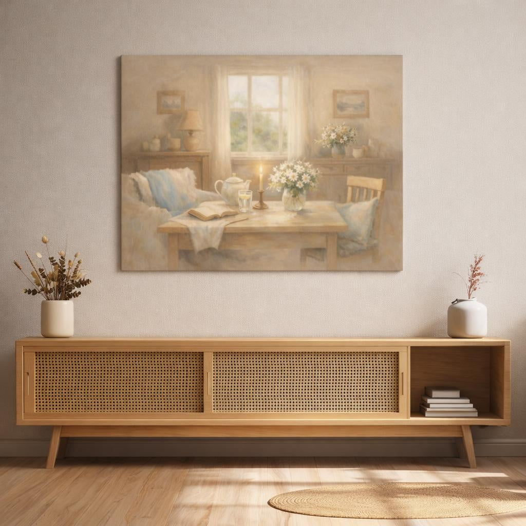 Floral Daisies Warm Beige Floral shown as canvas wall art in a refined dining room