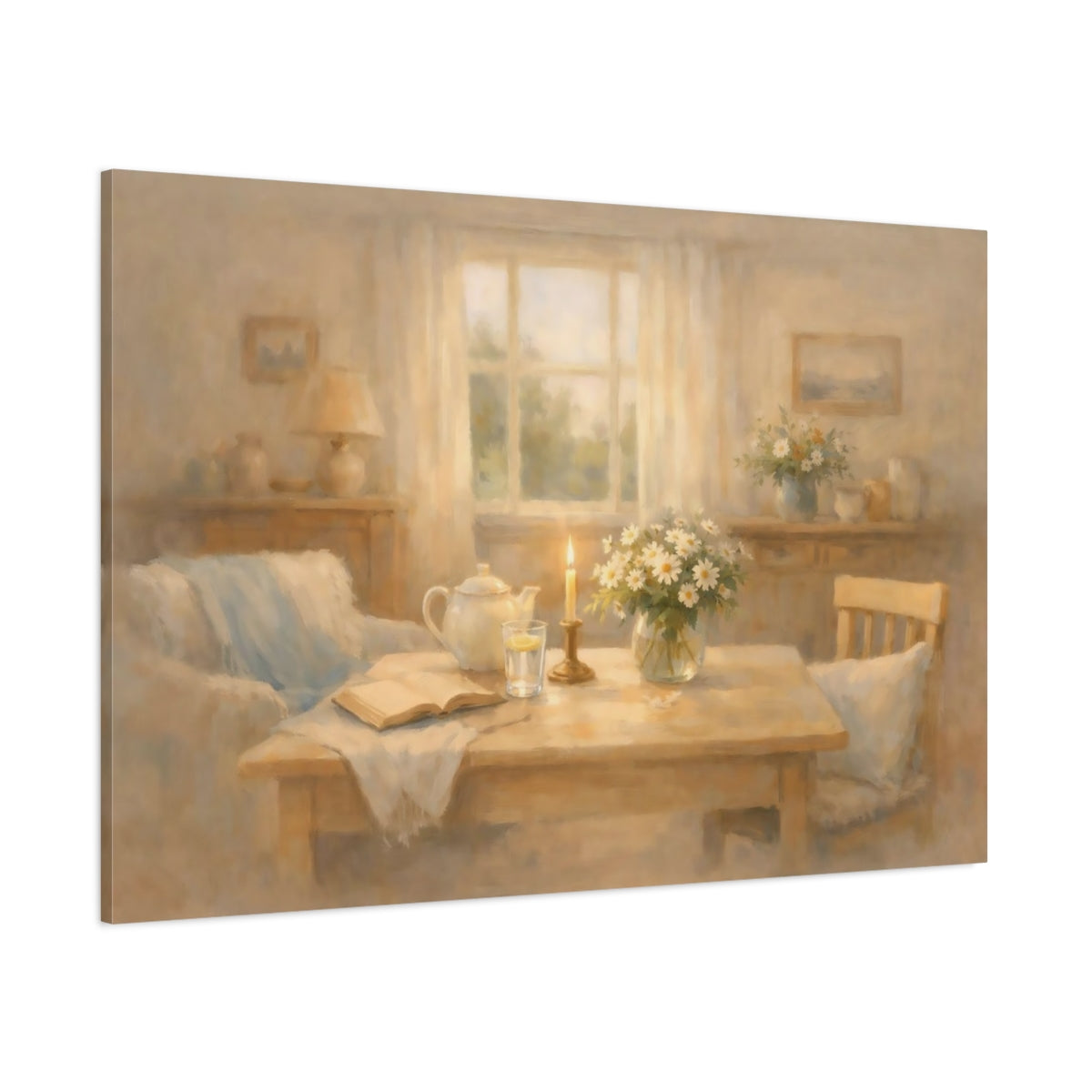 Floral Daisies Warm Beige Floral shown as stretched canvas wall art