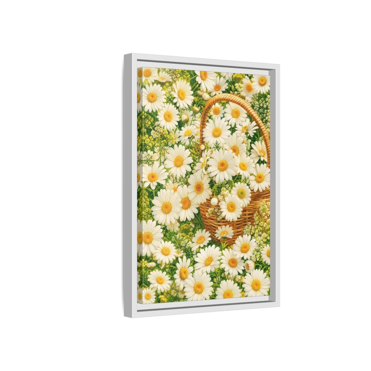 Floral Daisies White Basket Framed Canvas Print Wall Art – Naturalistic Living Room, Above Console Table - YesArtYes