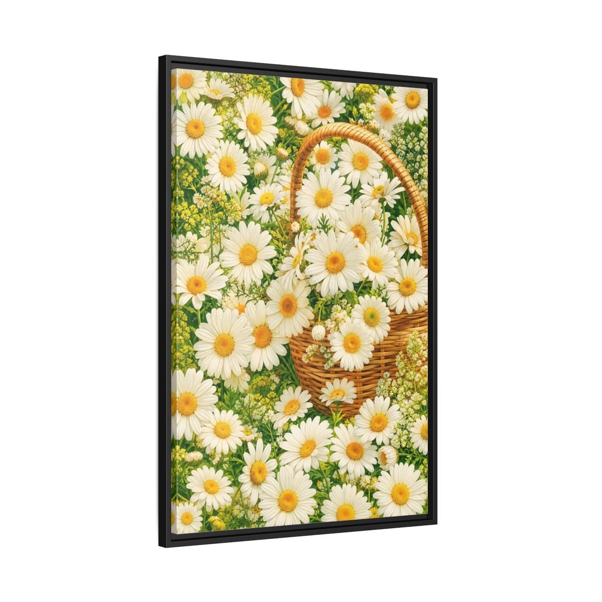 Floral Daisies White Basket Framed Canvas Print Wall Art – Naturalistic Living Room, Above Console Table - YesArtYes