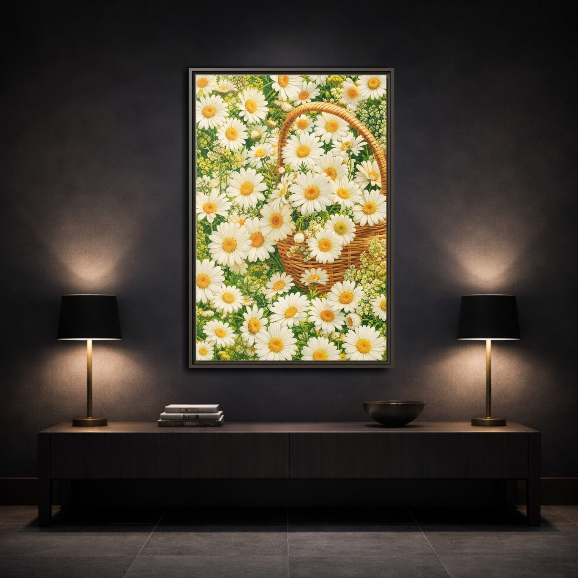 Floral Daisies White Basket Framed Canvas Print Wall Art – Naturalistic Living Room, Above Console Table - YesArtYes