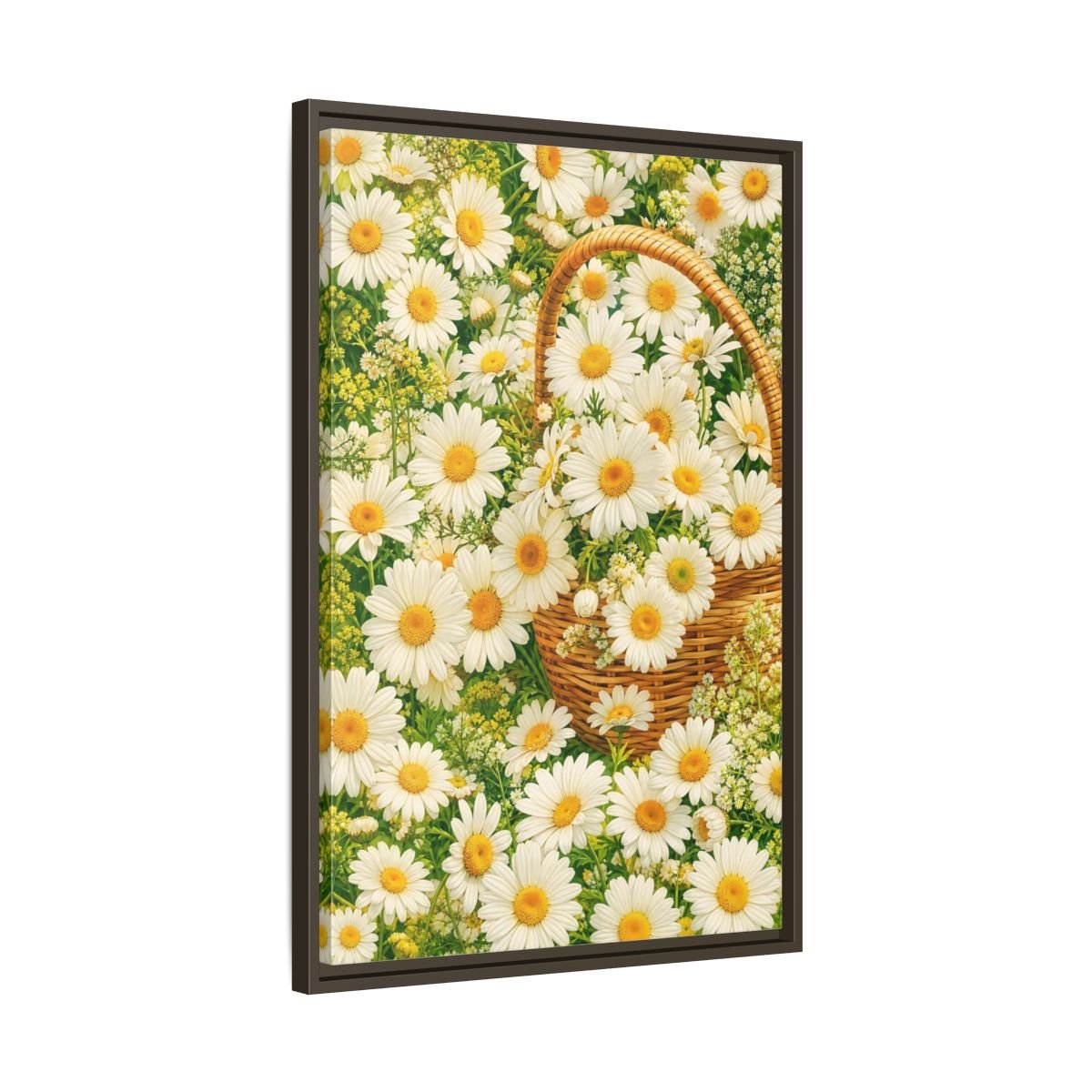 Floral Daisies White Basket Framed Canvas Print Wall Art – Naturalistic Living Room, Above Console Table - YesArtYes