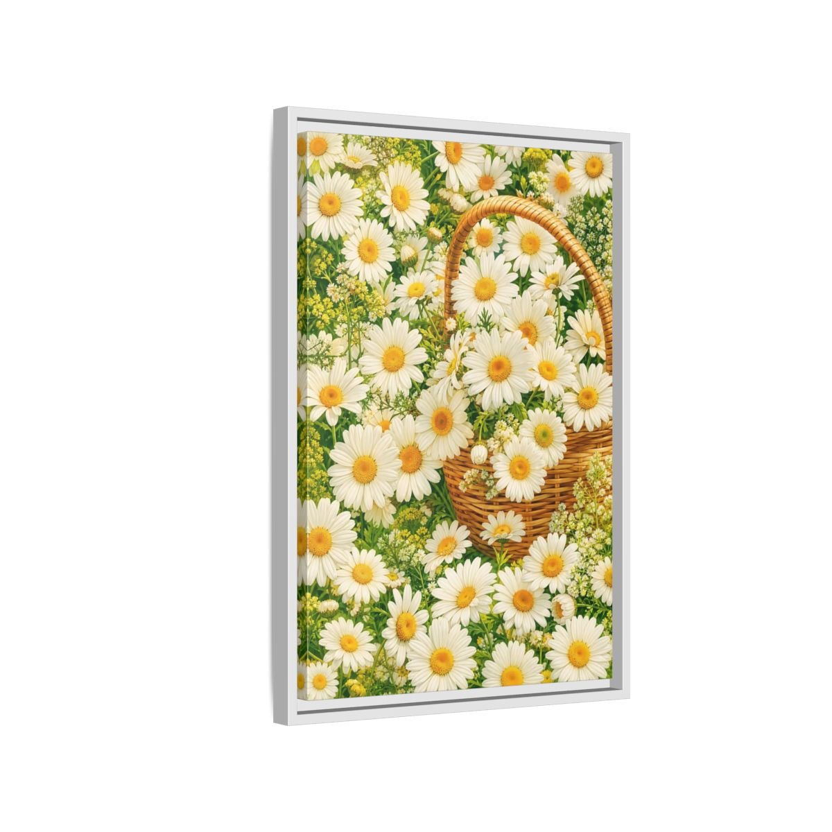 Floral Daisies White Basket Framed Canvas Print Wall Art – Naturalistic Living Room, Above Console Table - YesArtYes