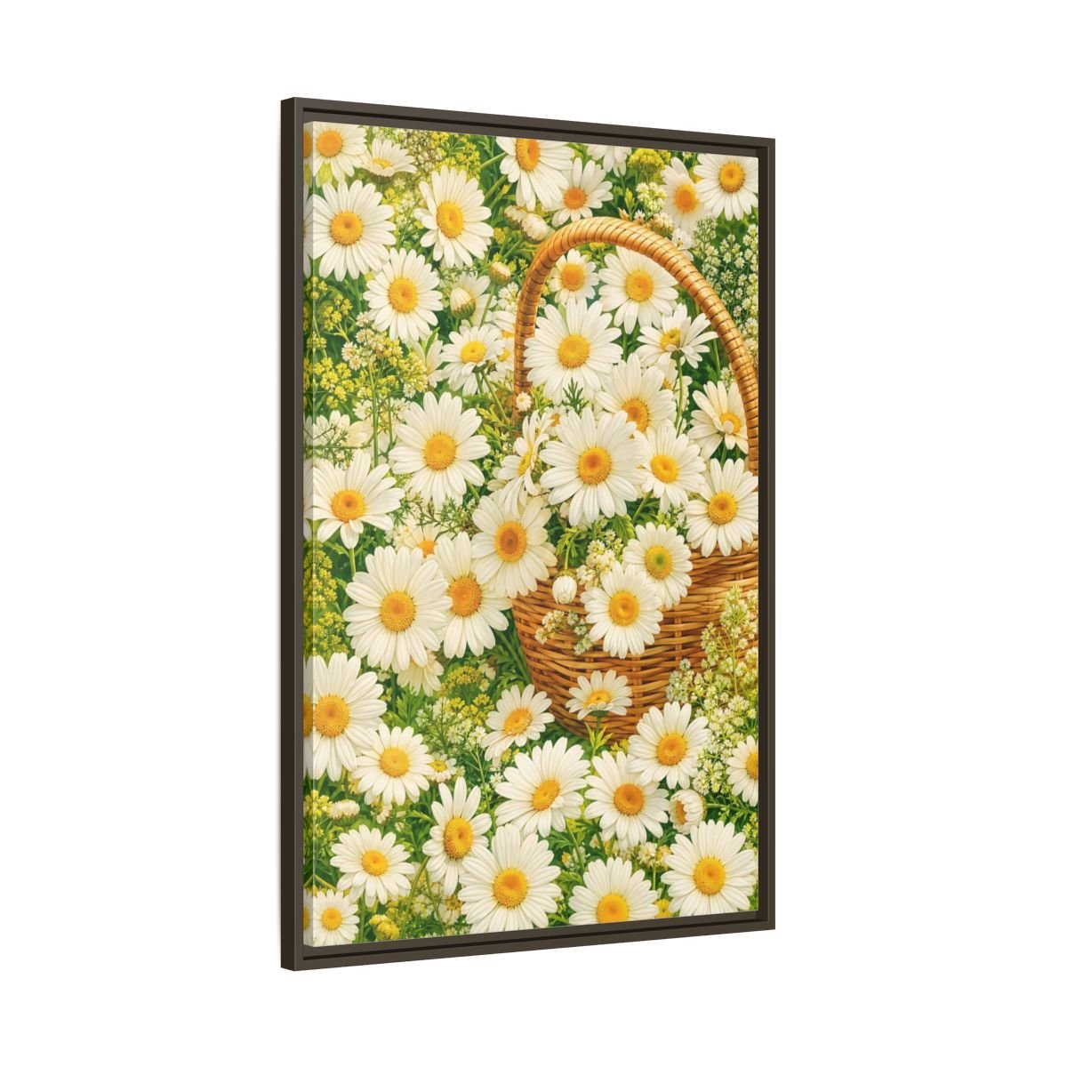 Floral Daisies White Basket Framed Canvas Print Wall Art – Naturalistic Living Room, Above Console Table - YesArtYes