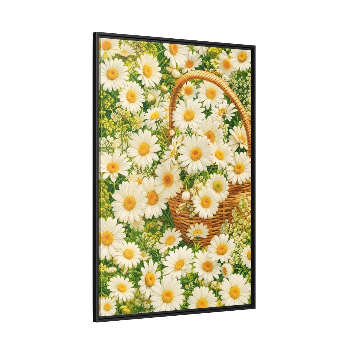 Floral Daisies White Basket Framed Canvas Print Wall Art – Naturalistic Living Room, Above Console Table - YesArtYes