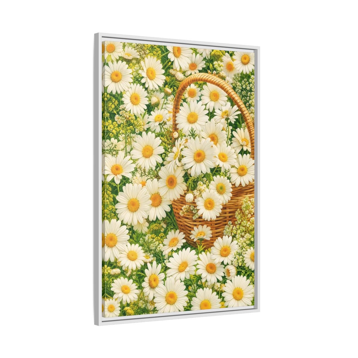 Floral Daisies White Basket Framed Canvas Print Wall Art – Naturalistic Living Room, Above Console Table - YesArtYes
