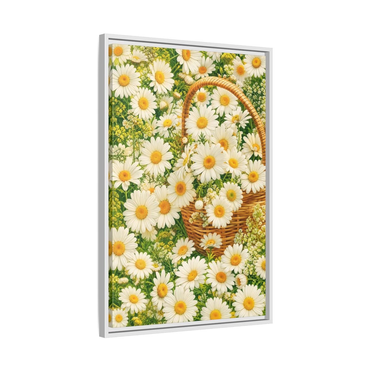 Floral Daisies White Basket Framed Canvas Print Wall Art – Naturalistic Living Room, Above Console Table - YesArtYes
