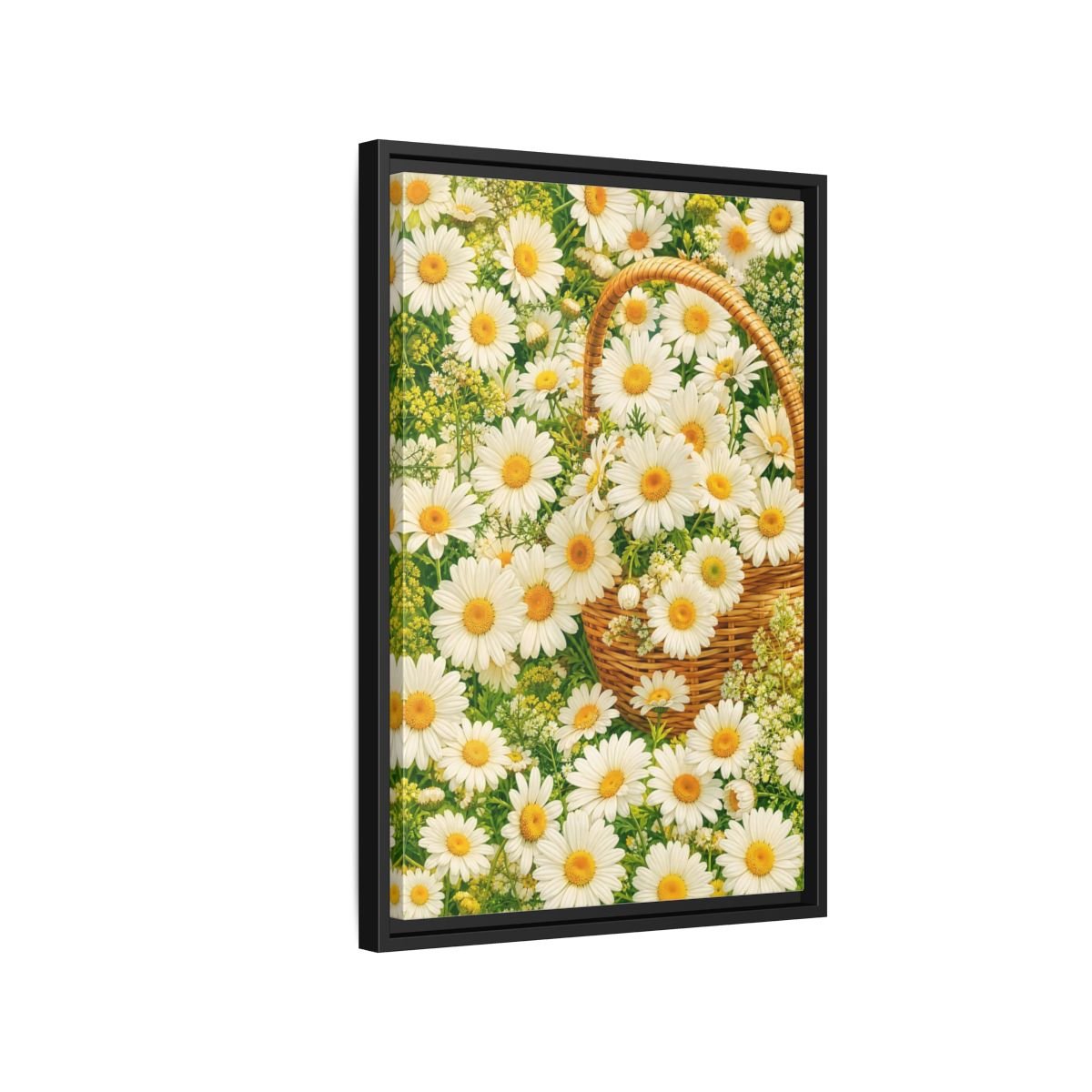 Floral Daisies White Basket Framed Canvas Print Wall Art – Naturalistic Living Room, Above Console Table - YesArtYes