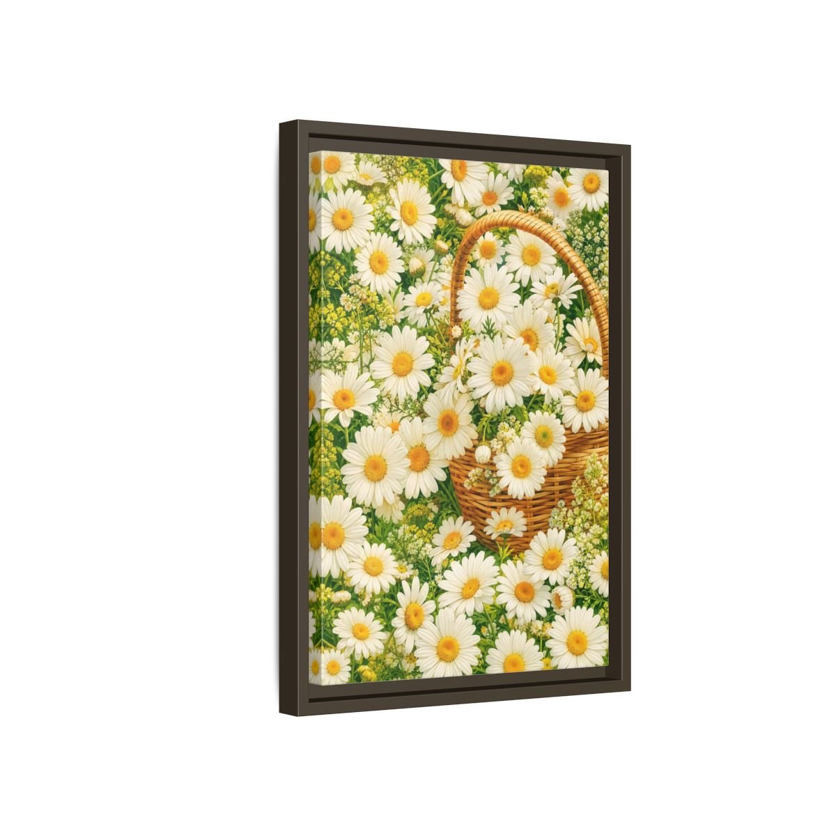 Floral Daisies White Basket Framed Canvas Print Wall Art – Naturalistic Living Room, Above Console Table - YesArtYes