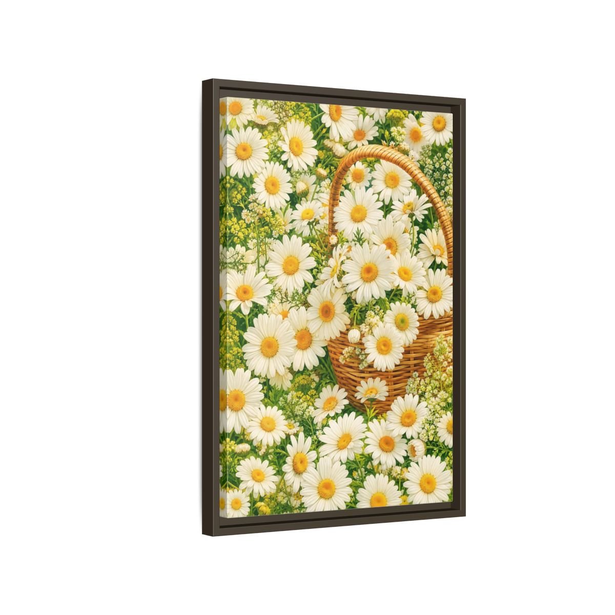 Floral Daisies White Basket Framed Canvas Print Wall Art – Naturalistic Living Room, Above Console Table - YesArtYes