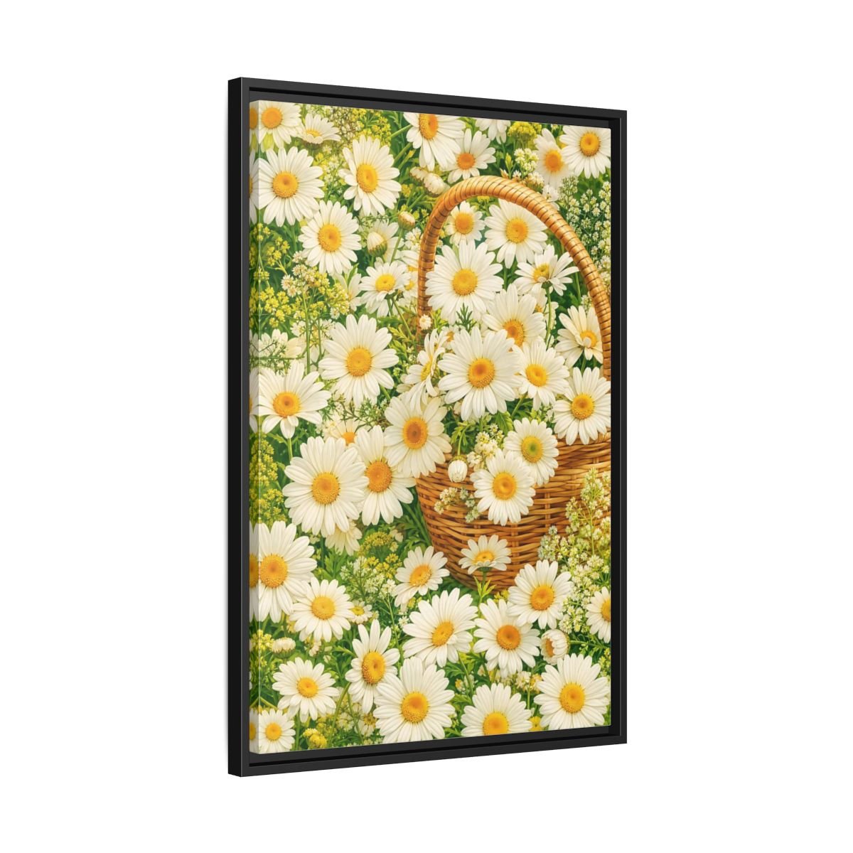 Floral Daisies White Basket Framed Canvas Print Wall Art – Naturalistic Living Room, Above Console Table - YesArtYes